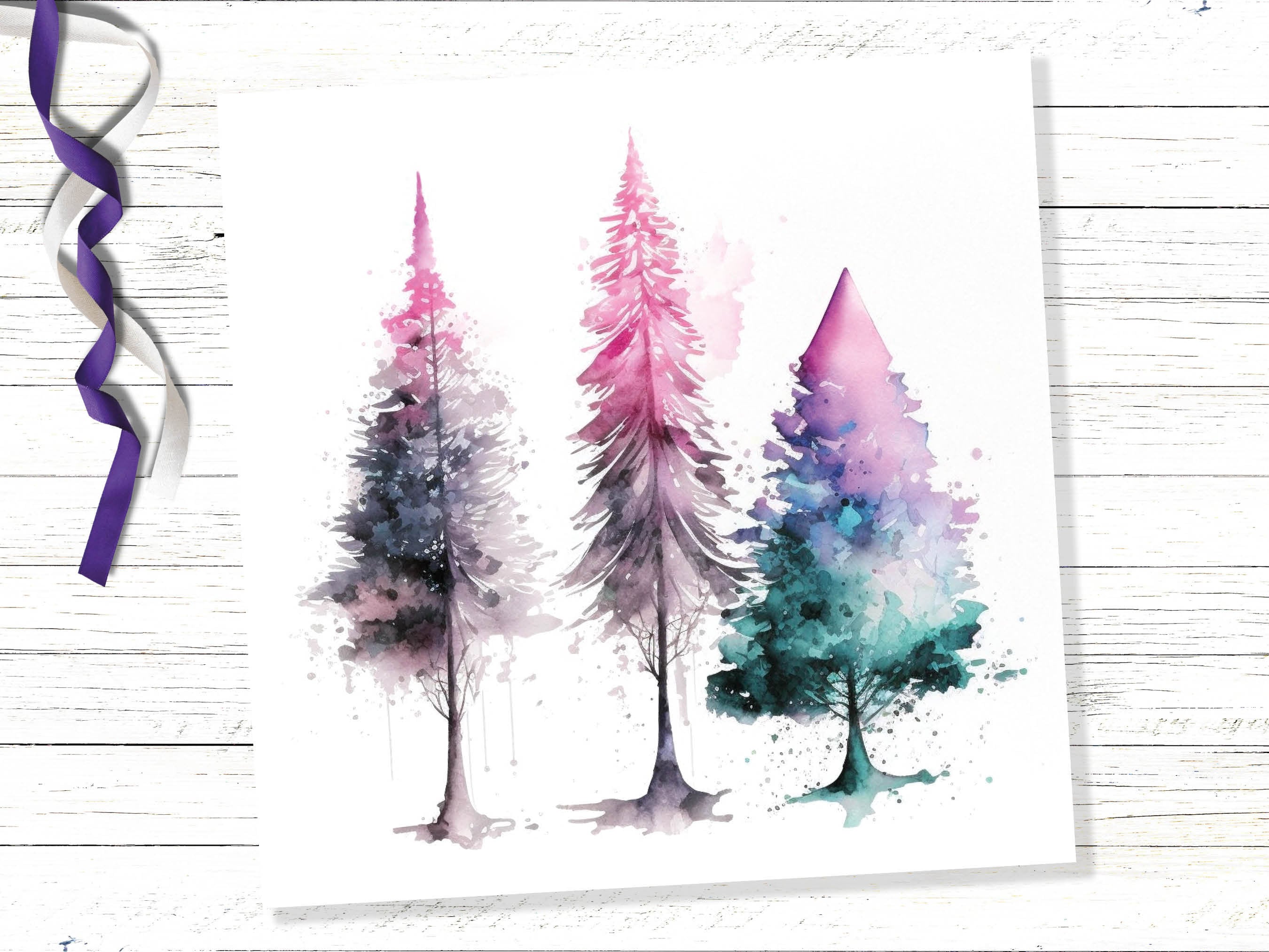 Messy Watercolour Trees Christmas Card Teal Purple Pink Green Modern Elegant Fir Tree Painting Greetings Cards For Family Friends Xmas 2025 - View 5