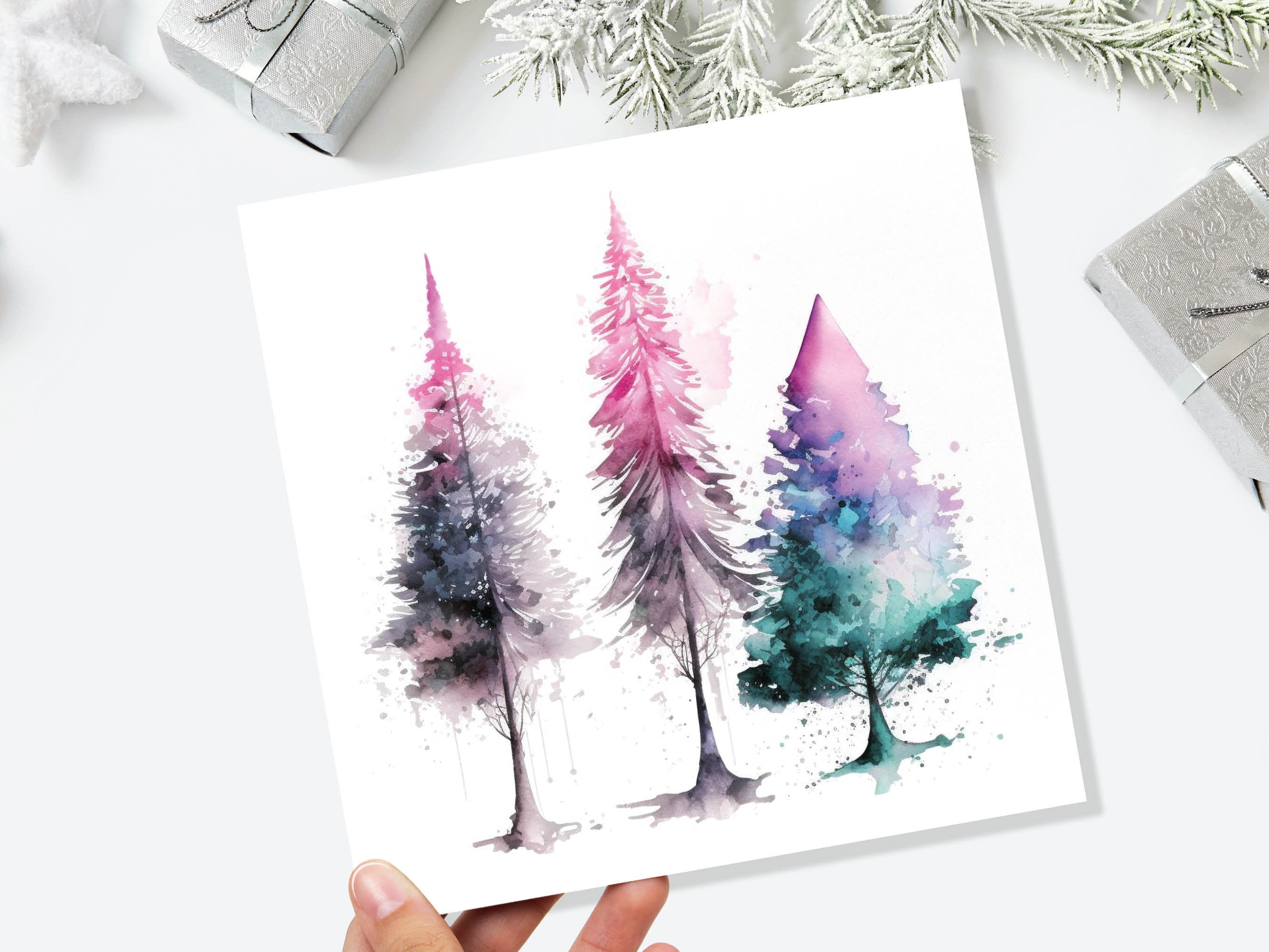 Messy Watercolour Trees Christmas Card Teal Purple Pink Green Modern Elegant Fir Tree Painting Greetings Cards For Family Friends Xmas 2025 - View 9
