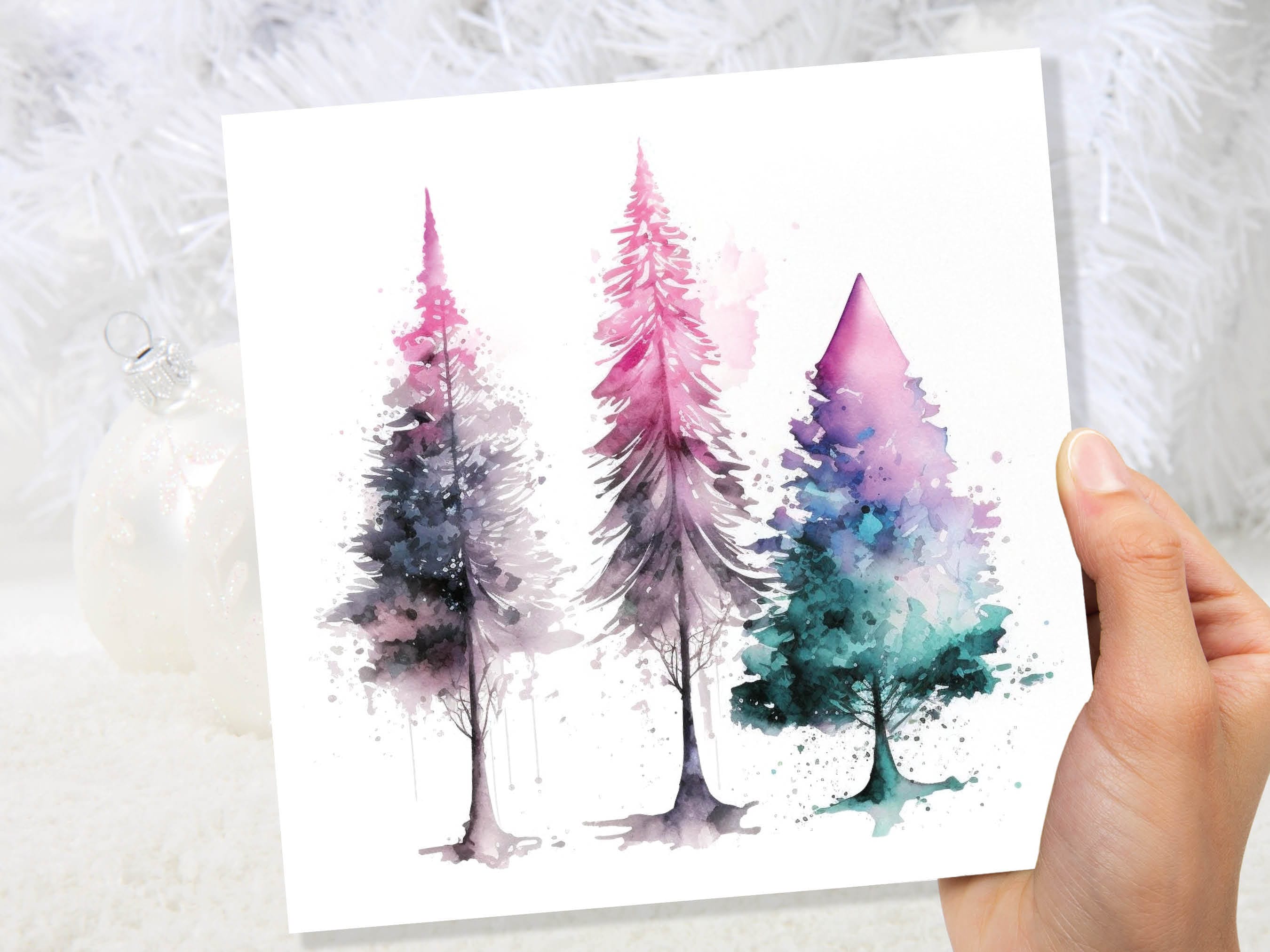 Messy Watercolour Trees Christmas Card Teal Purple Pink Green Modern Elegant Fir Tree Painting Greetings Cards For Family Friends Xmas 2025 - View 8