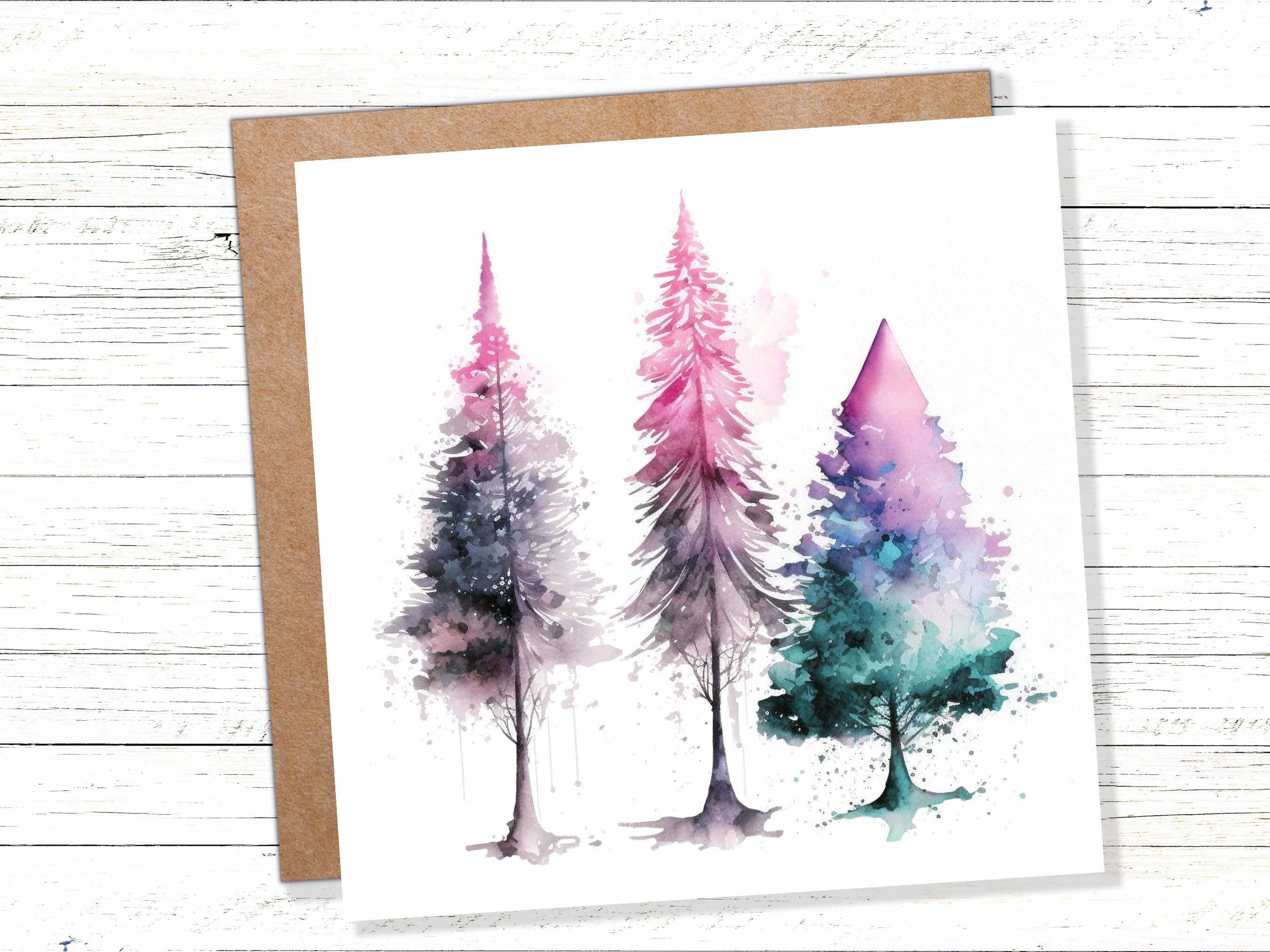 Messy Watercolour Trees Christmas Card Teal Purple Pink Green Modern Elegant Fir Tree Painting Greetings Cards For Family Friends Xmas 2025 - View 2