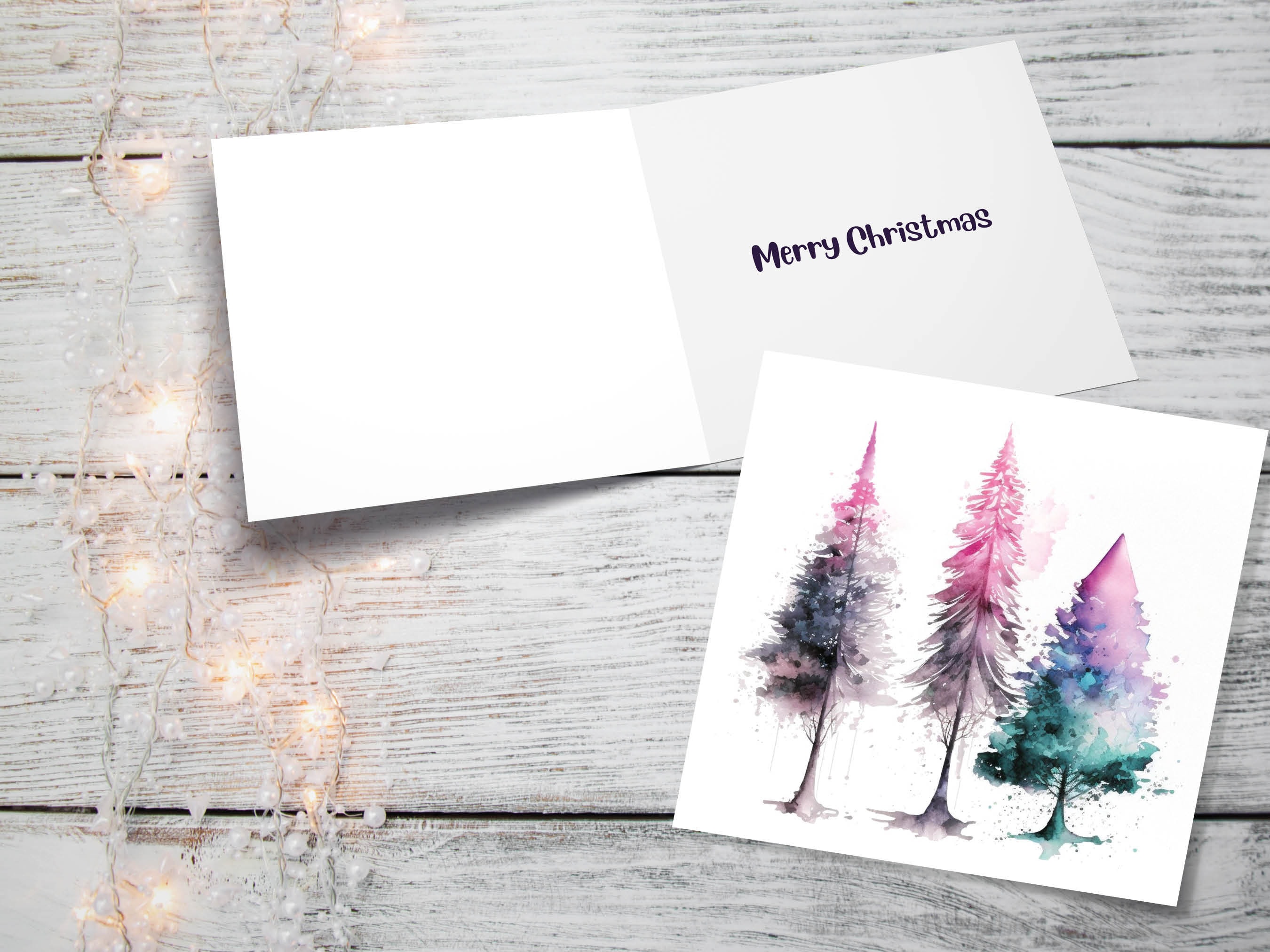 Messy Watercolour Trees Christmas Card Teal Purple Pink Green Modern Elegant Fir Tree Painting Greetings Cards For Family Friends Xmas 2025 - View 10