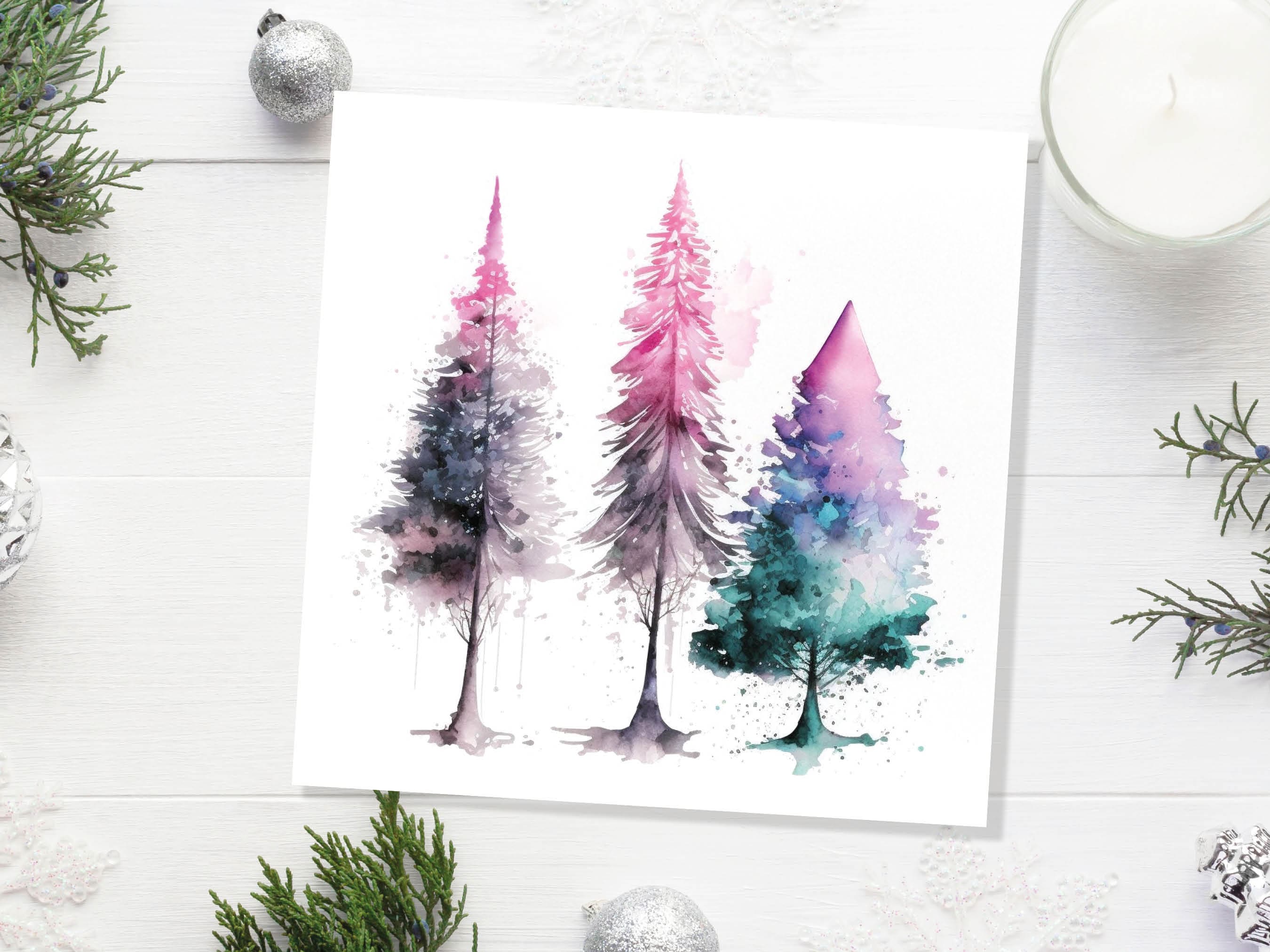 Messy Watercolour Trees Christmas Card Teal Purple Pink Green Modern Elegant Fir Tree Painting Greetings Cards For Family Friends Xmas 2025 - View 7