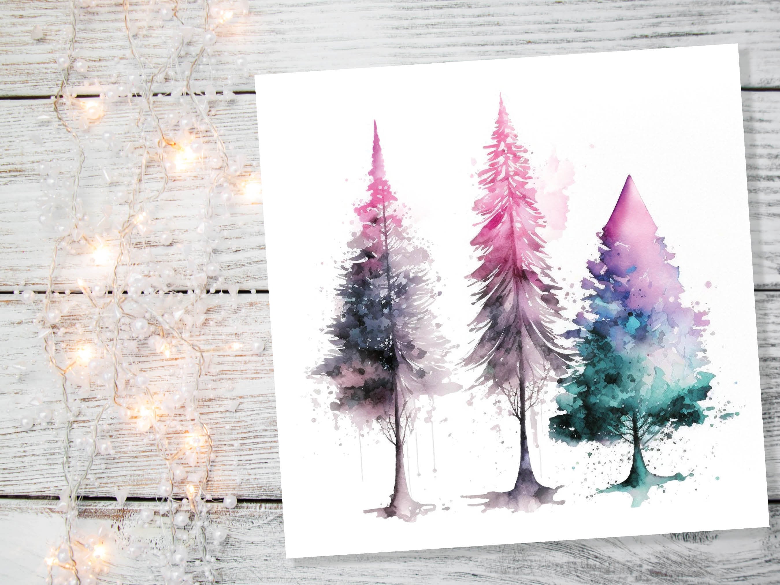 Messy Watercolour Trees Christmas Card Teal Purple Pink Green Modern Elegant Fir Tree Painting Greetings Cards For Family Friends Xmas 2025 - View 6