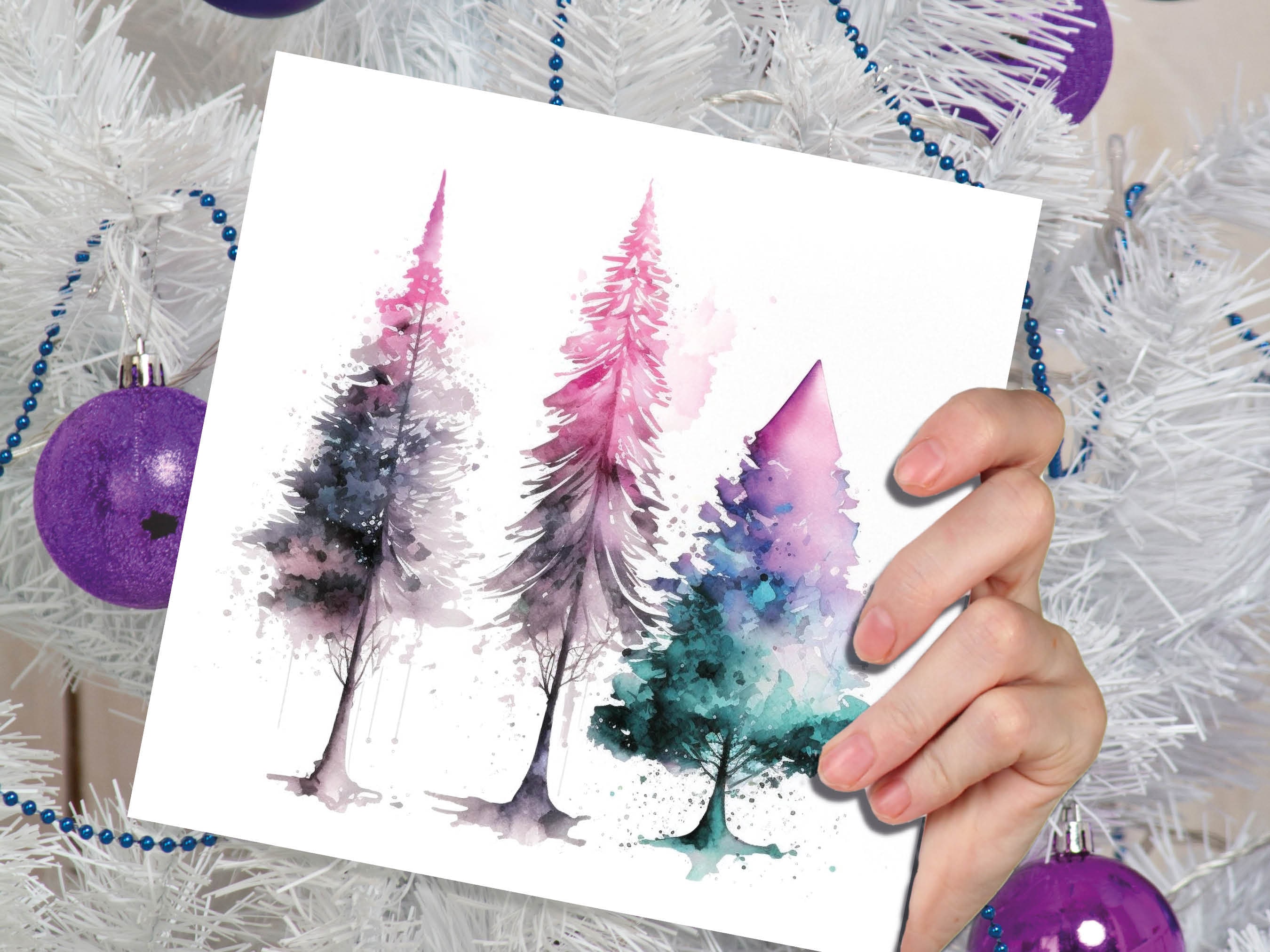 Messy Watercolour Trees Christmas Card Teal Purple Pink Green Modern Elegant Fir Tree Painting Greetings Cards For Family Friends Xmas 2025 - View 4