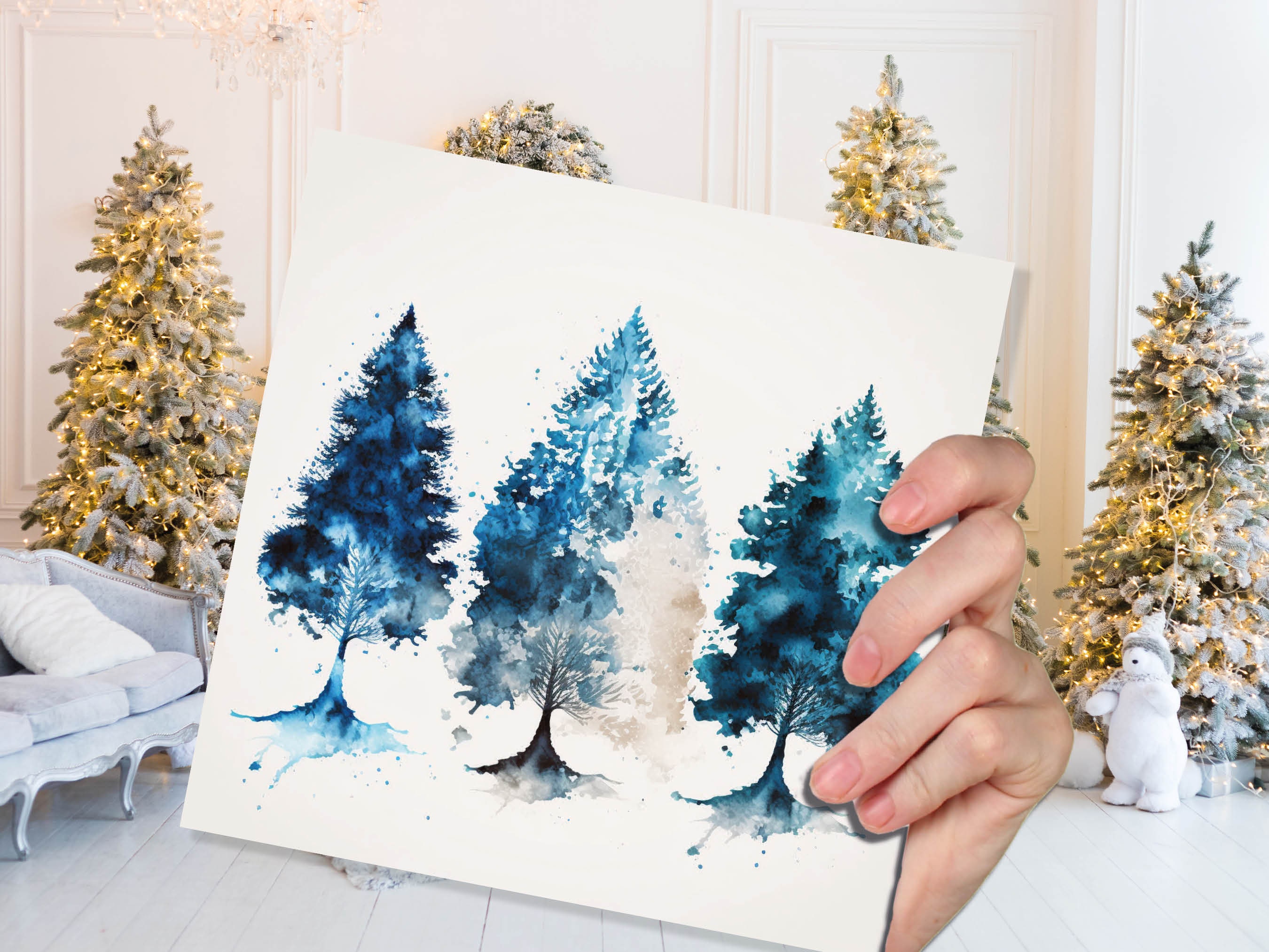 Blue Christmas Trees Card Modern Watercolour Elegant Prussian Fir Tree Messy Painting Style Greetings Cards For Family Friends Xmas 2025 - View 5