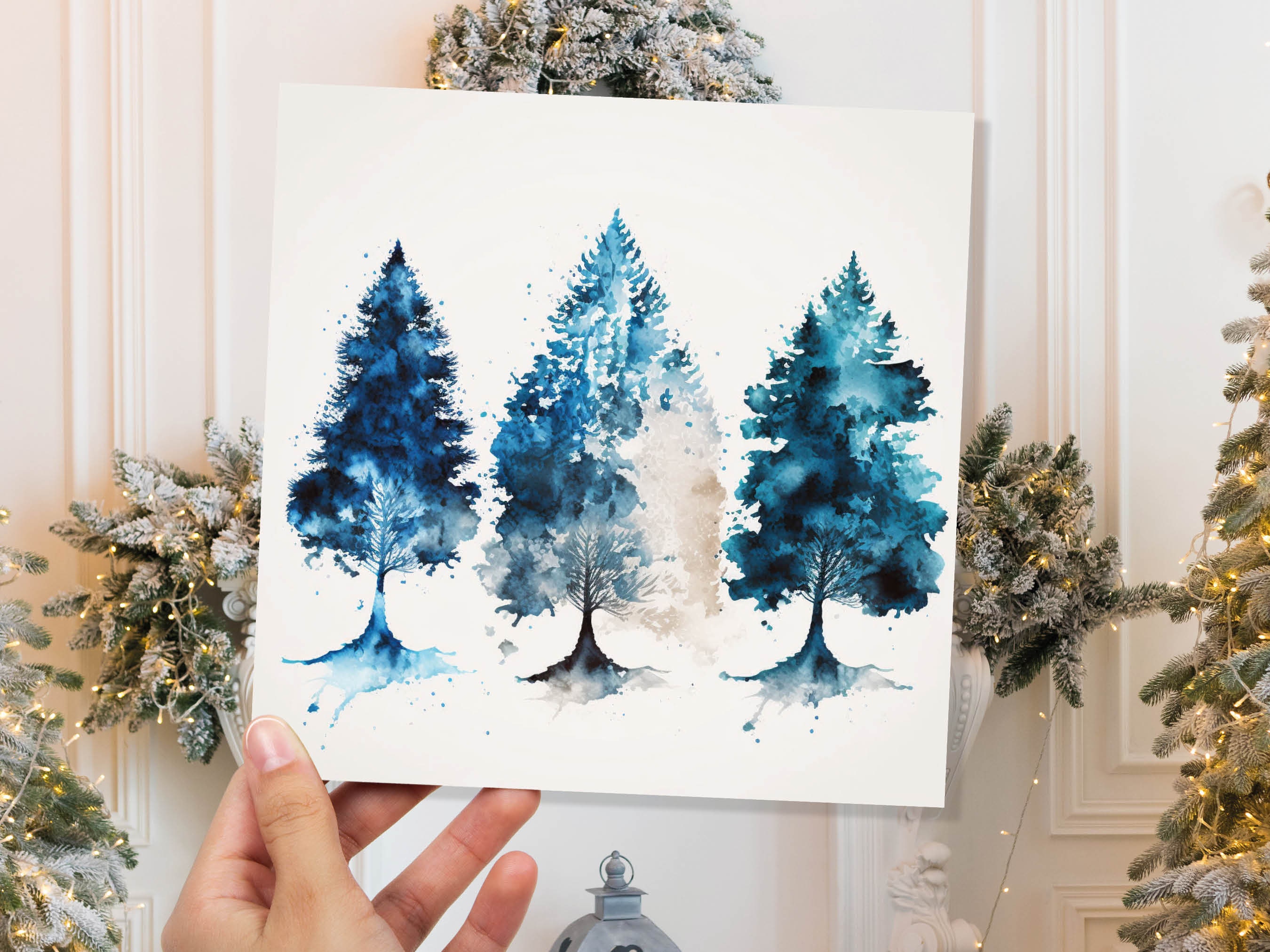 Blue Christmas Trees Card Modern Watercolour Elegant Prussian Fir Tree Messy Painting Style Greetings Cards For Family Friends Xmas 2025 - View 3