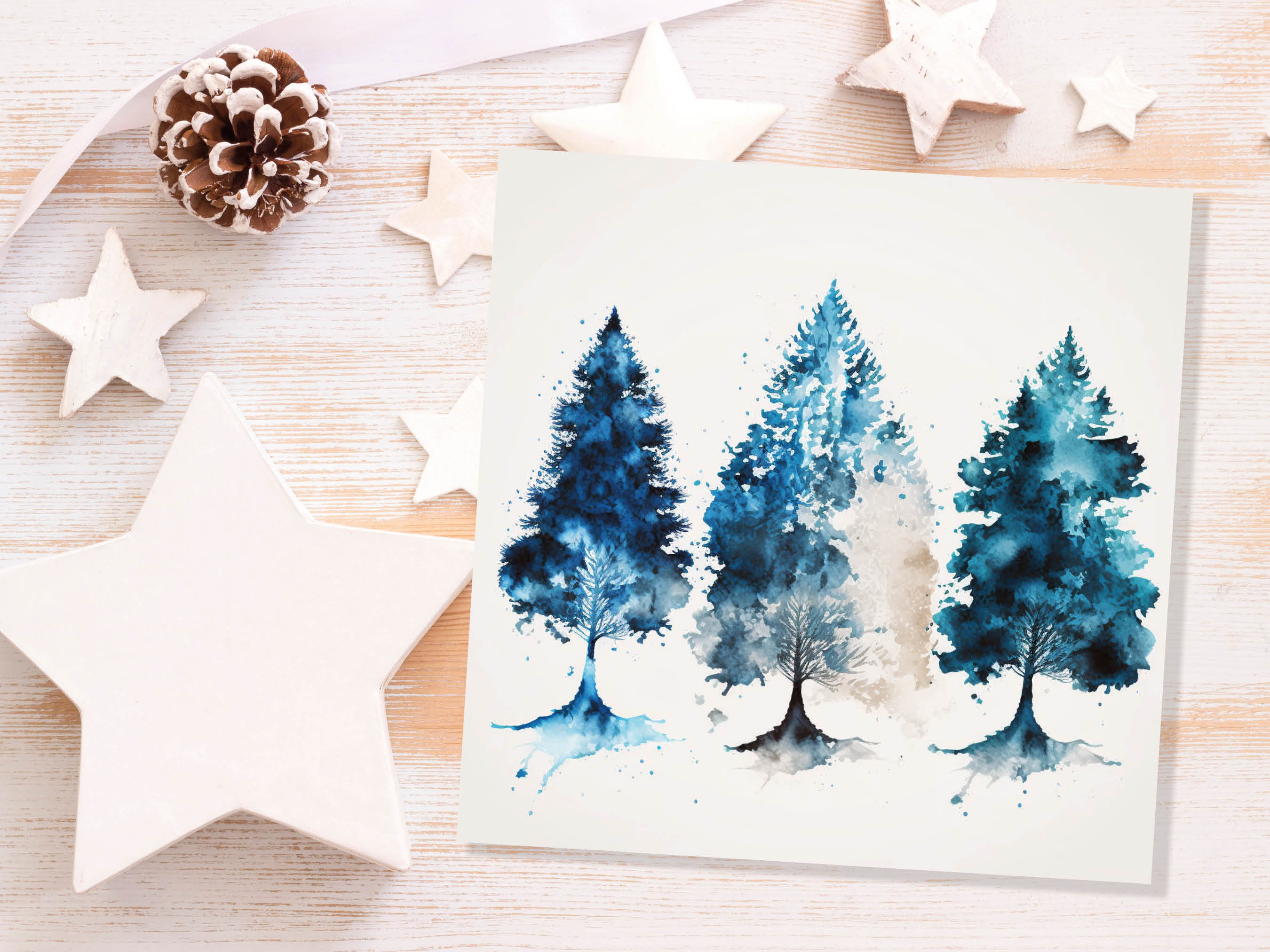 Blue Christmas Trees Card Modern Watercolour Elegant Prussian Fir Tree Messy Painting Style Greetings Cards For Family Friends Xmas 2025 - View 9