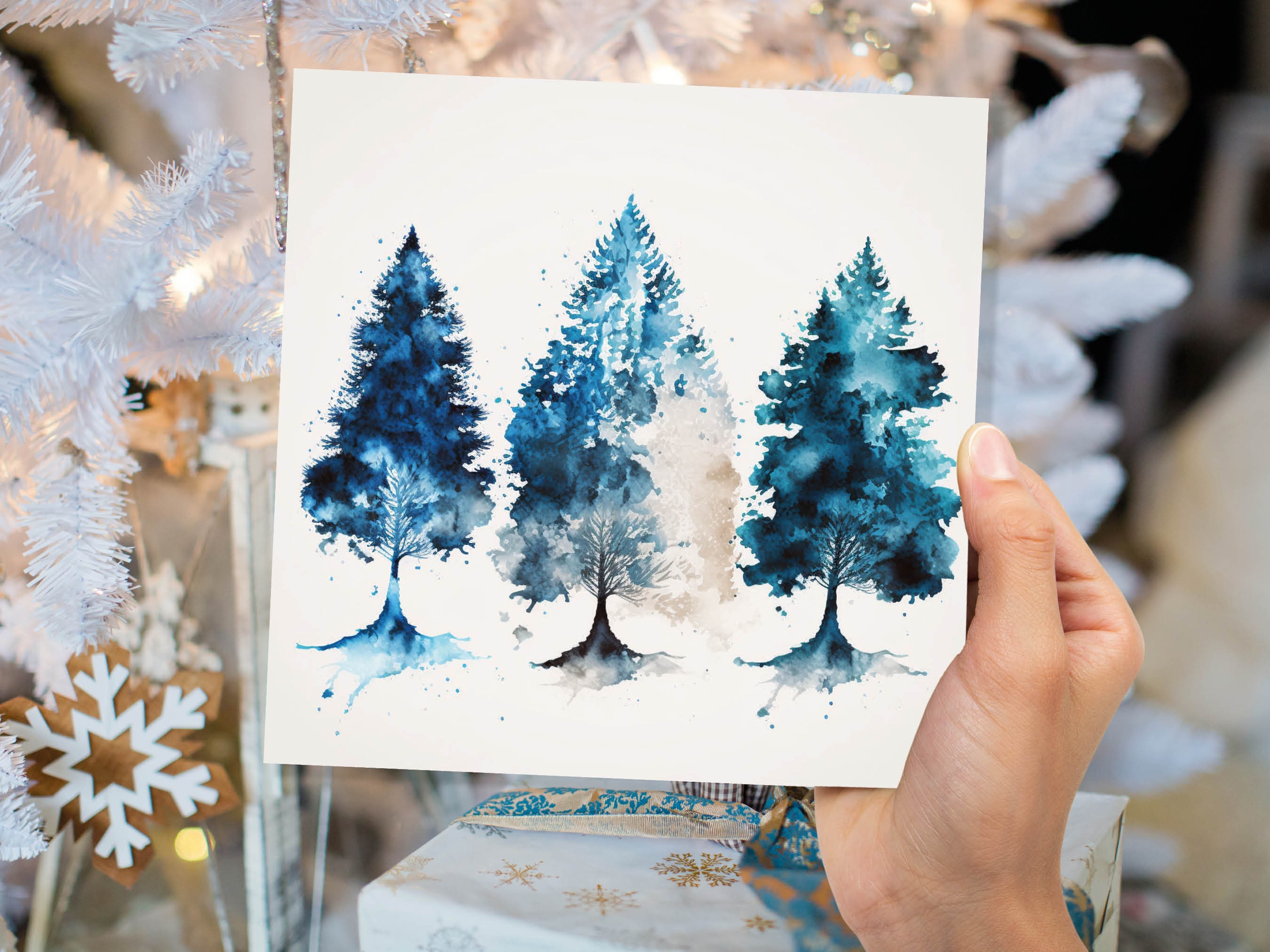 Blue Christmas Trees Card Modern Watercolour Elegant Prussian Fir Tree Messy Painting Style Greetings Cards For Family Friends Xmas 2025 - View 4