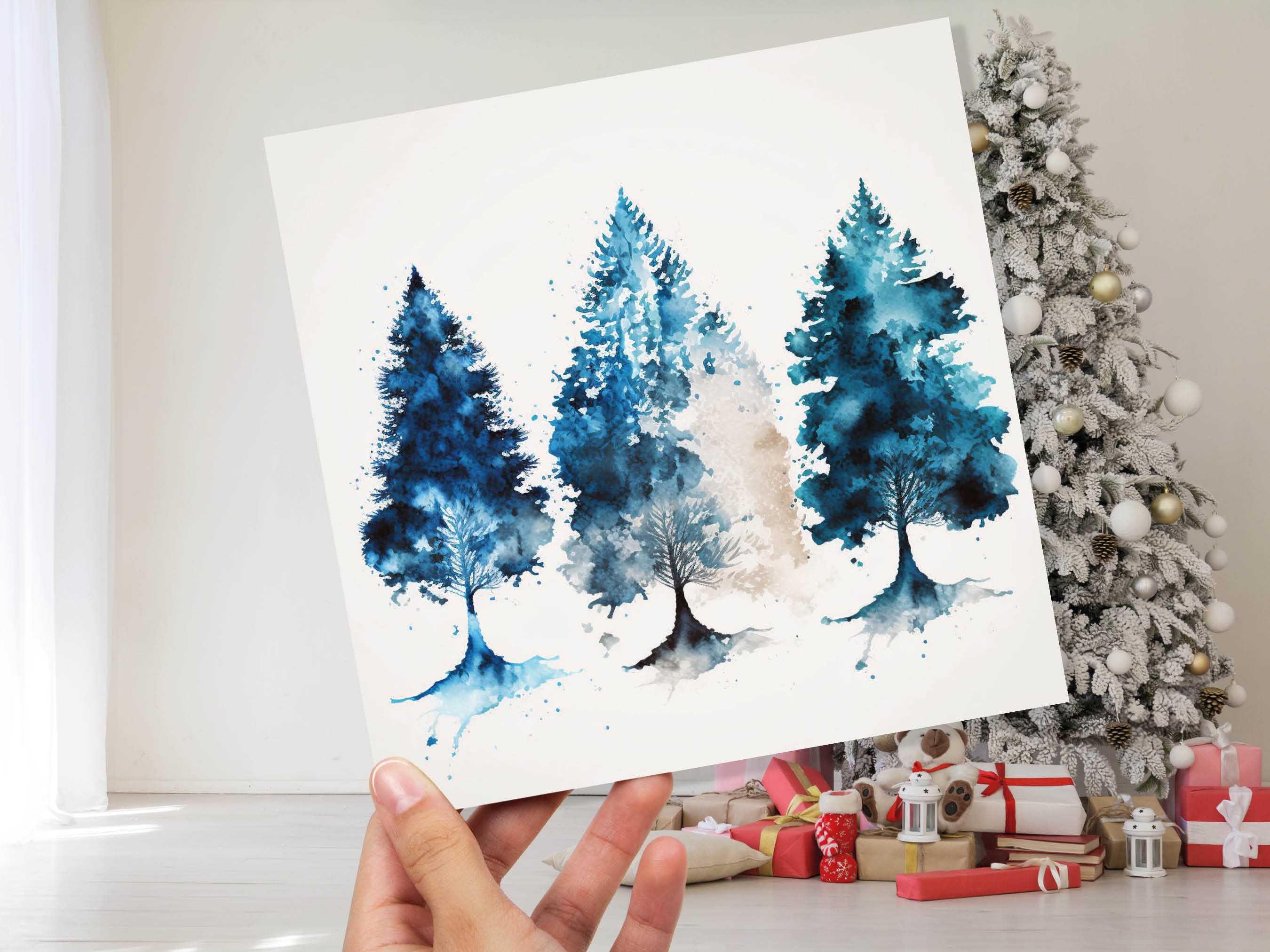 Blue Christmas Trees Card Modern Watercolour Elegant Prussian Fir Tree Messy Painting Style Greetings Cards For Family Friends Xmas 2025