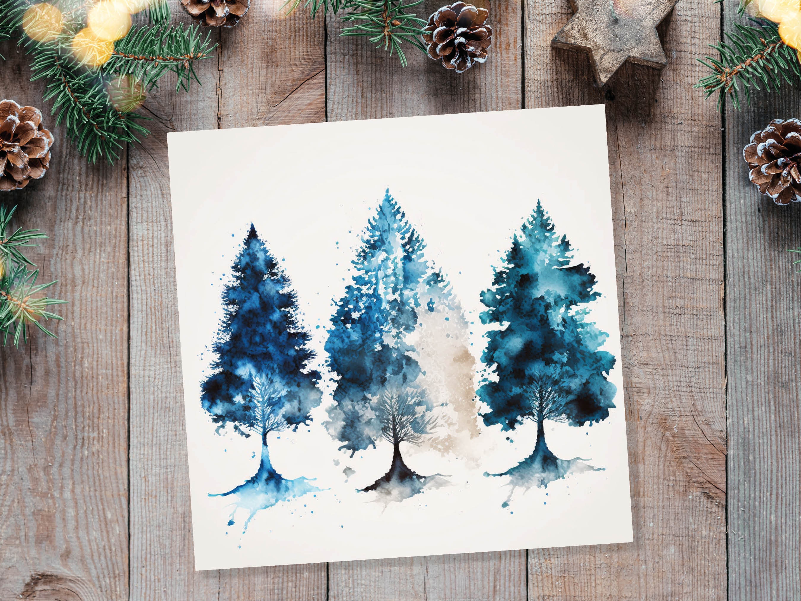 Blue Christmas Trees Card Modern Watercolour Elegant Prussian Fir Tree Messy Painting Style Greetings Cards For Family Friends Xmas 2025 - View 7