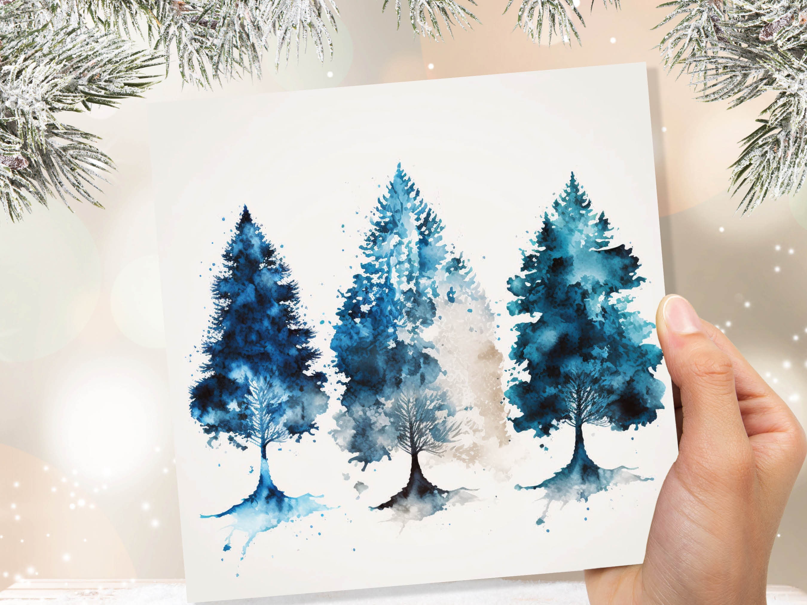 Blue Christmas Trees Card Modern Watercolour Elegant Prussian Fir Tree Messy Painting Style Greetings Cards For Family Friends Xmas 2025 - View 8