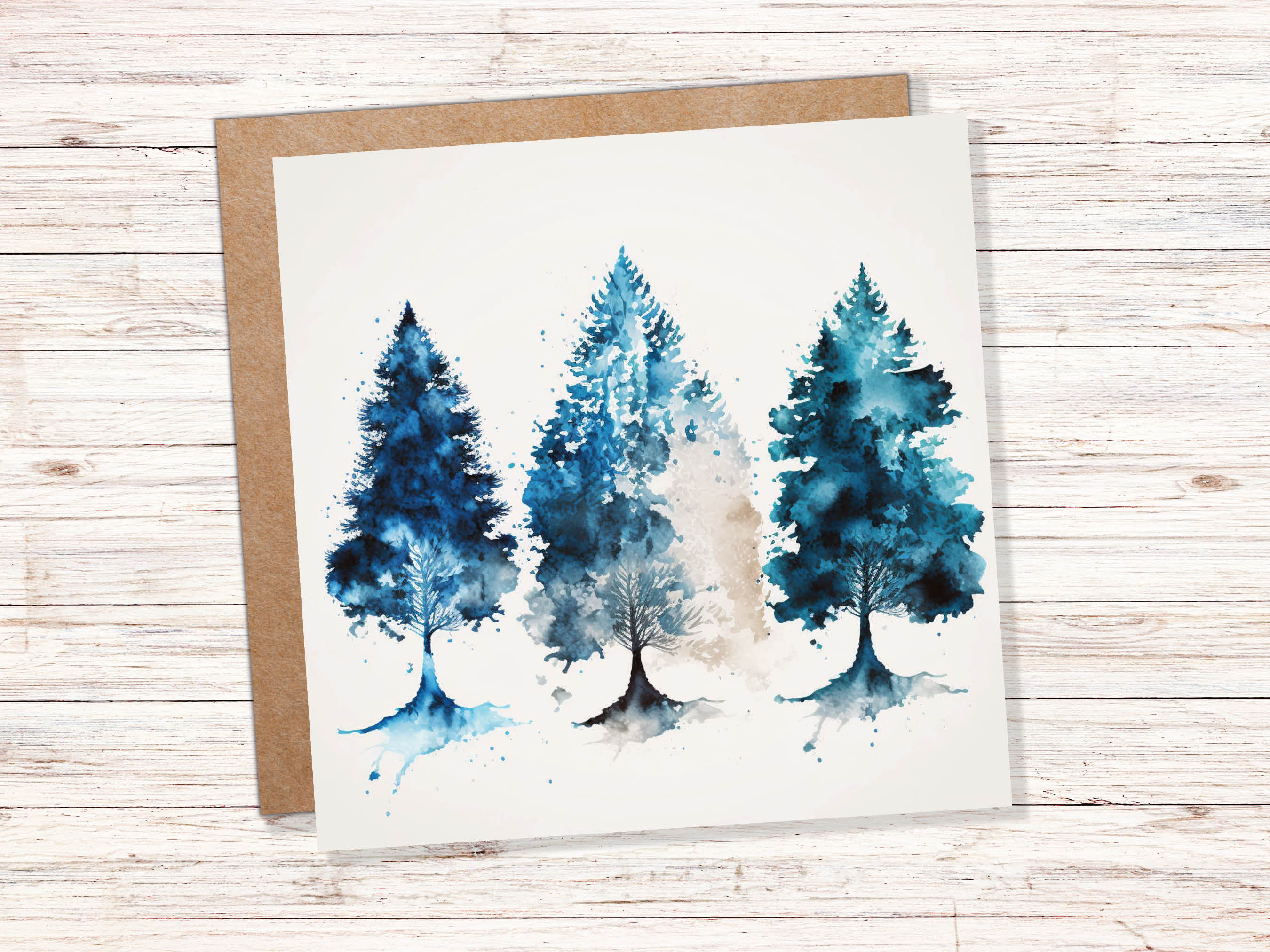 Blue Christmas Trees Card Modern Watercolour Elegant Prussian Fir Tree Messy Painting Style Greetings Cards For Family Friends Xmas 2025 - View 2
