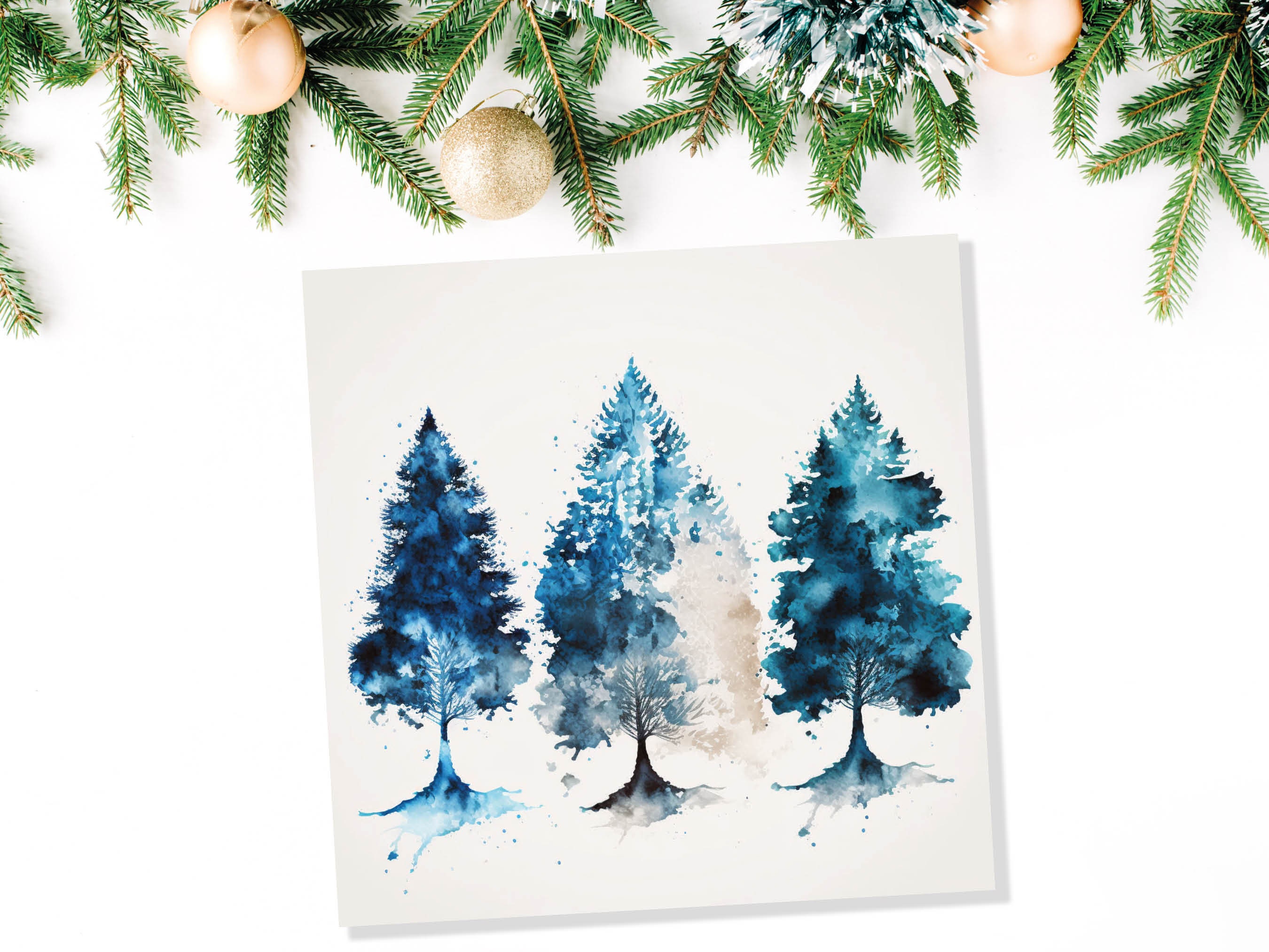 Blue Christmas Trees Card Modern Watercolour Elegant Prussian Fir Tree Messy Painting Style Greetings Cards For Family Friends Xmas 2025 - View 6