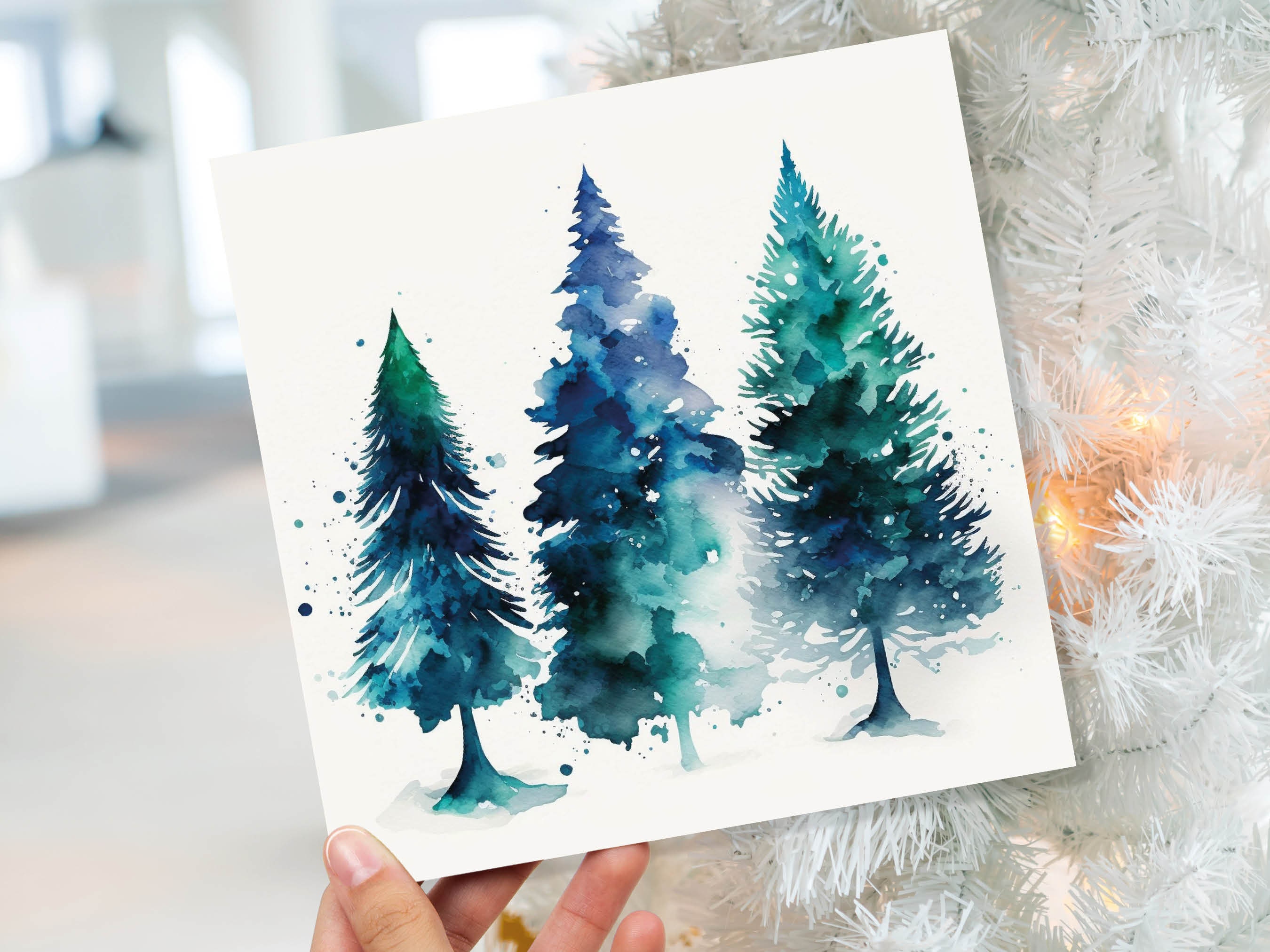 Blue & Green Watercolour Christmas Trees Card Modern Elegant Prussian Fir Tree Messy Painting Greetings Cards For Family Friends Xmas 2025 - View 2