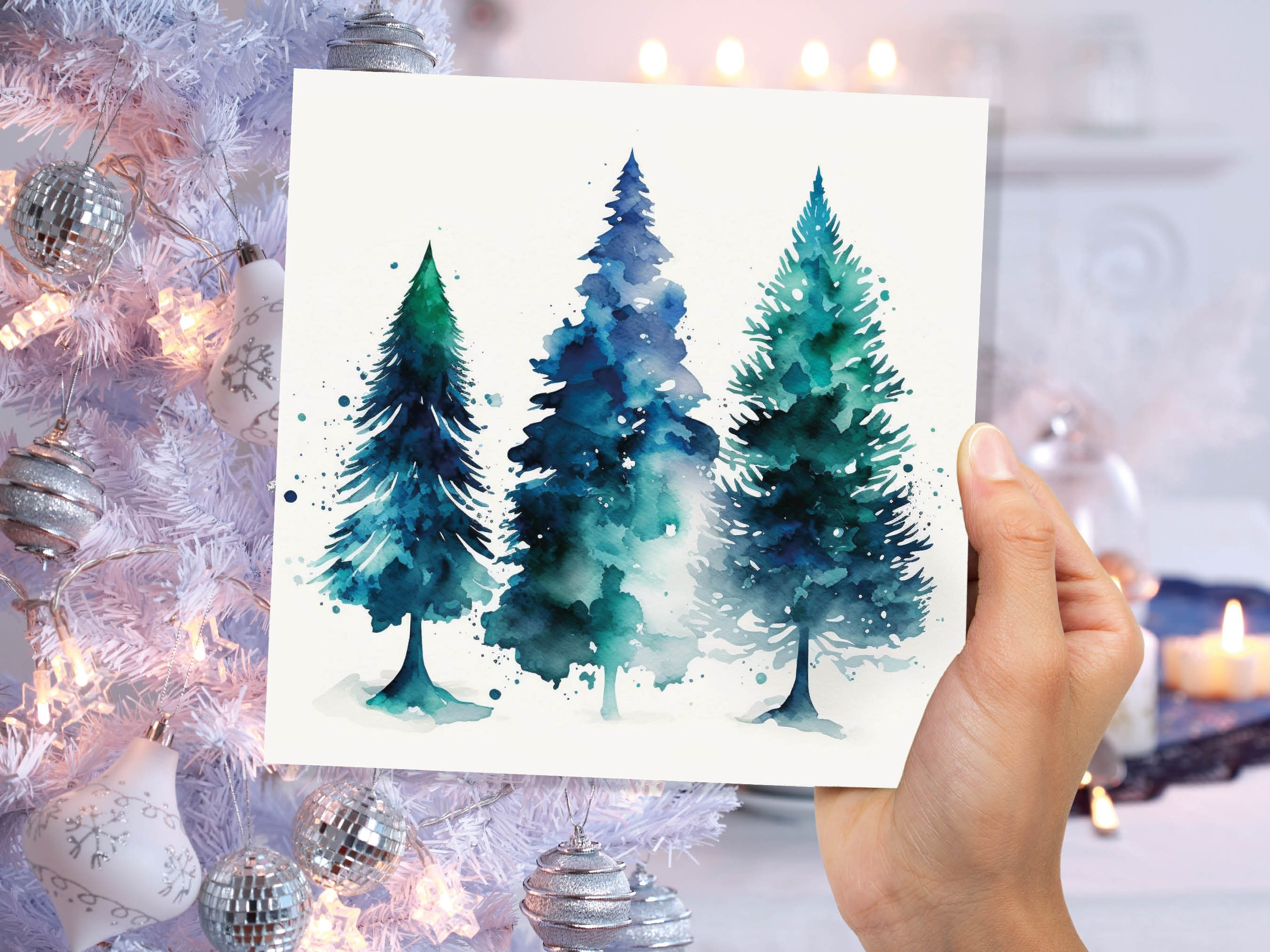 Blue & Green Watercolour Christmas Trees Card Modern Elegant Prussian Fir Tree Messy Painting Greetings Cards For Family Friends Xmas 2025 - View 5