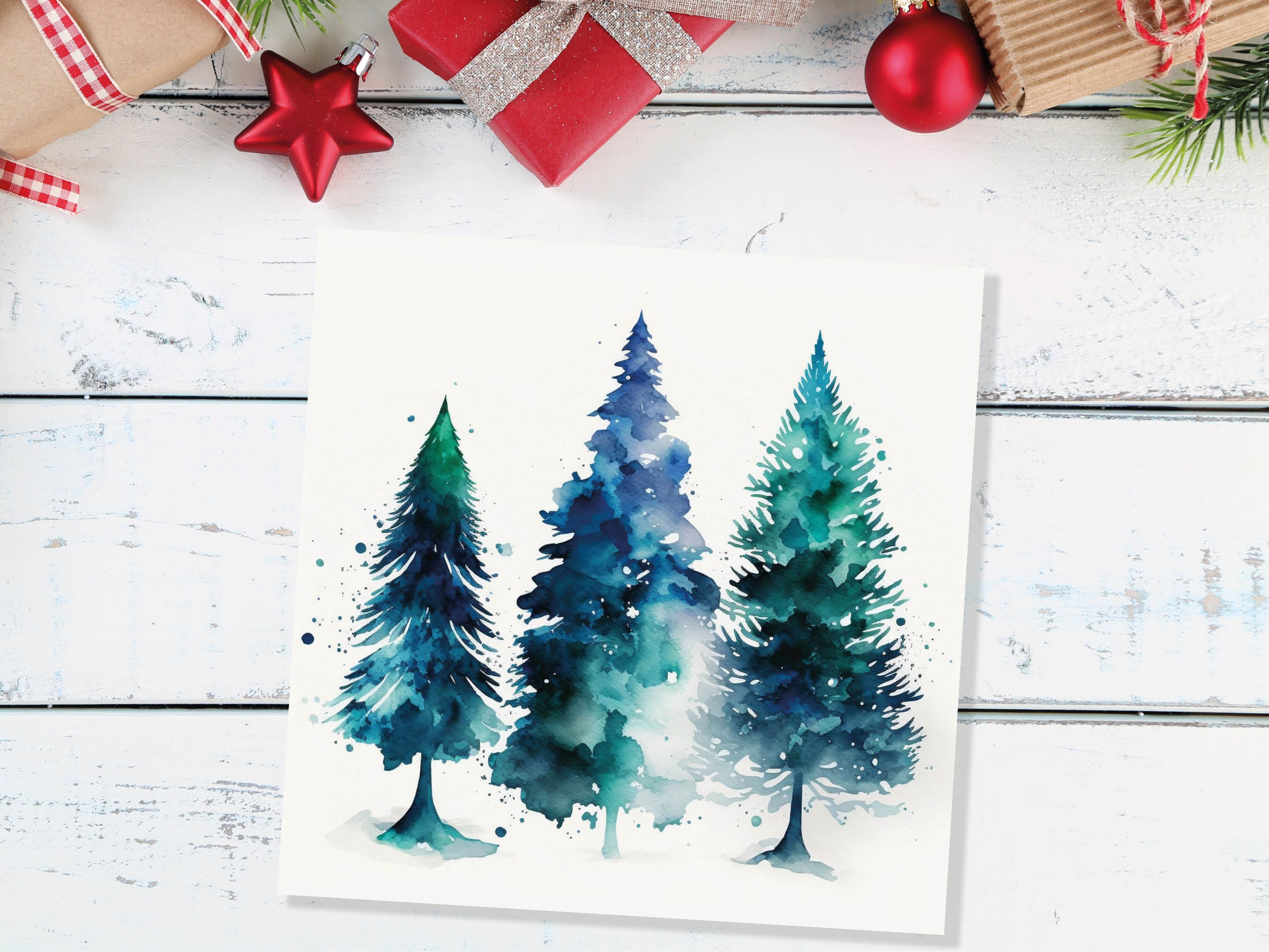 Blue & Green Watercolour Christmas Trees Card Modern Elegant Prussian Fir Tree Messy Painting Greetings Cards For Family Friends Xmas 2025 - View 9