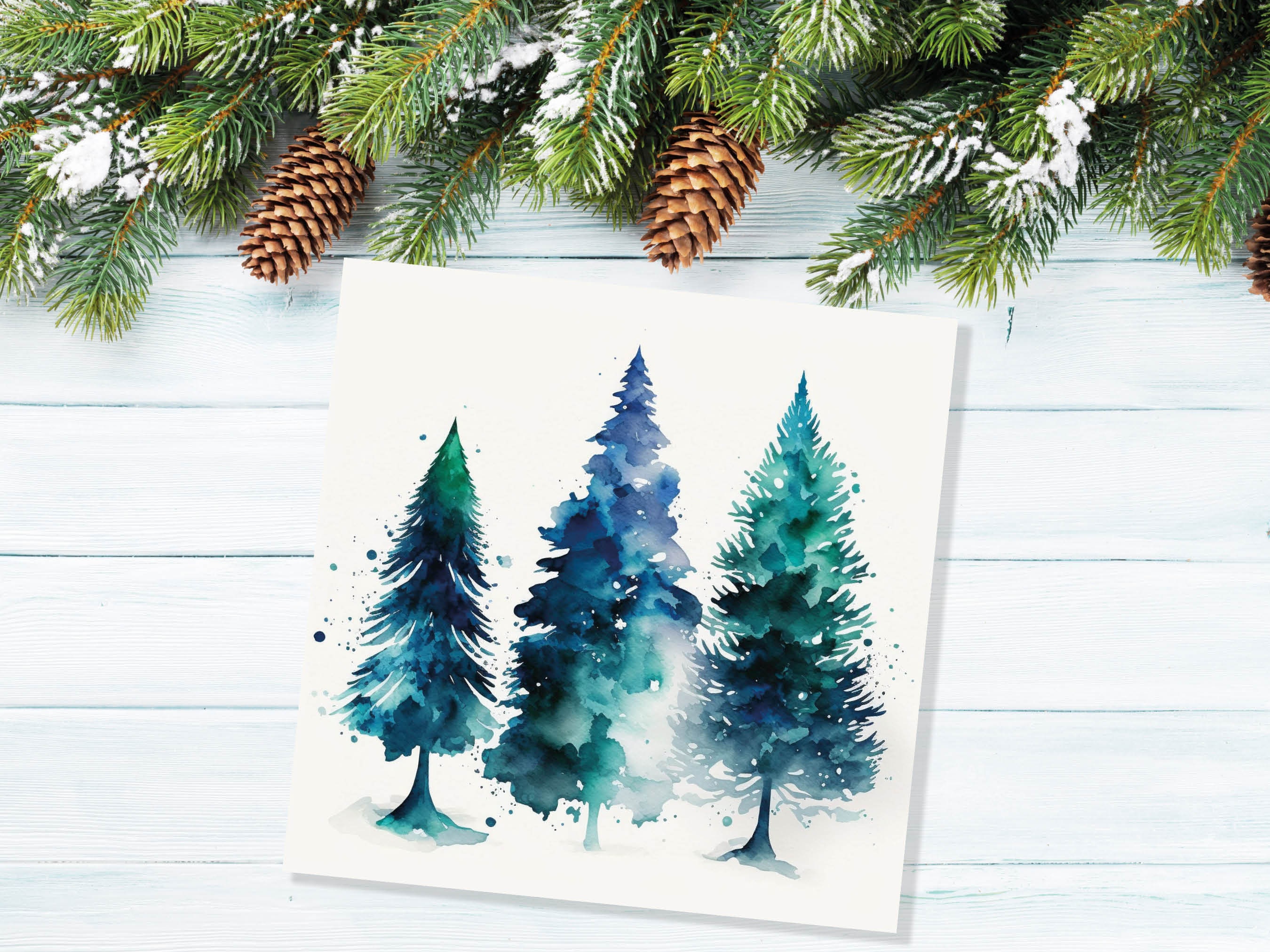 Blue & Green Watercolour Christmas Trees Card Modern Elegant Prussian Fir Tree Messy Painting Greetings Cards For Family Friends Xmas 2025 - View 6