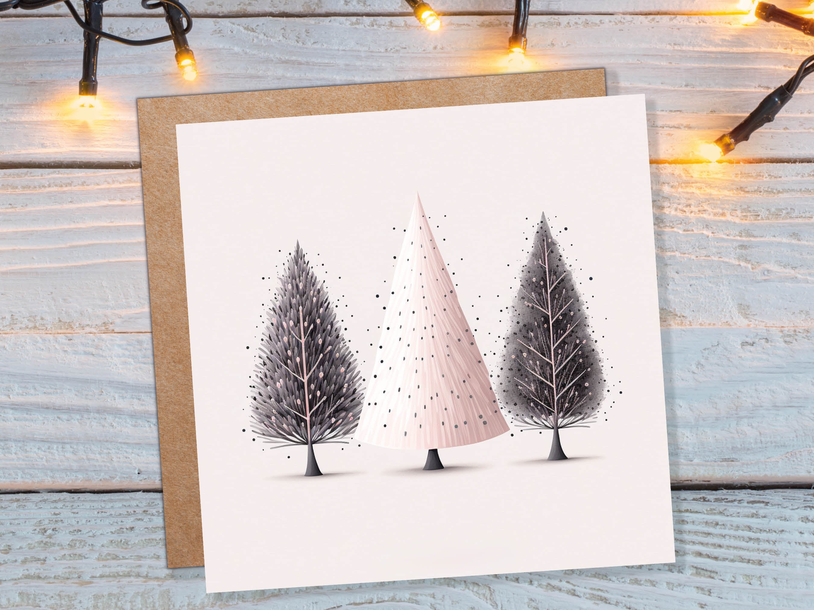 Christmas Trees Illustration Card Modern Elegant Fir Tree Pink Grey White Simple Ink Painting Greetings Cards For Family Friends Xmas 2025 - View 3