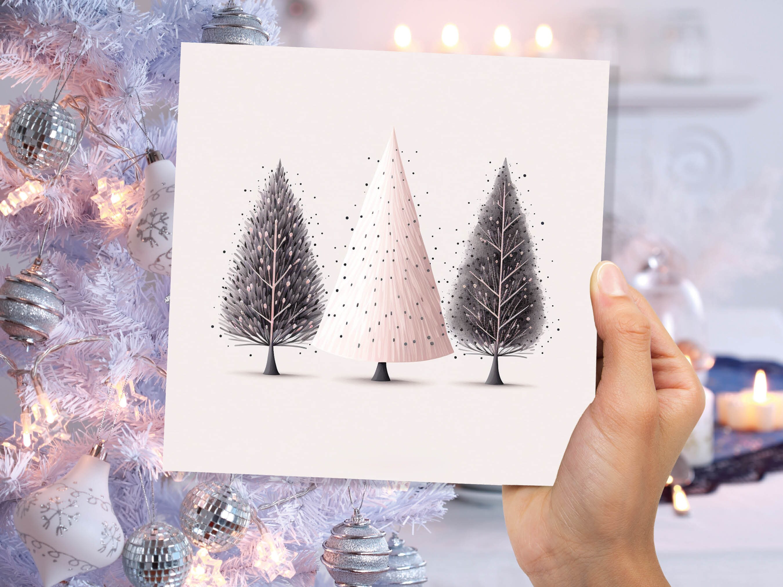 Christmas Trees Illustration Card Modern Elegant Fir Tree Pink Grey White Simple Ink Painting Greetings Cards For Family Friends Xmas 2025 - View 2