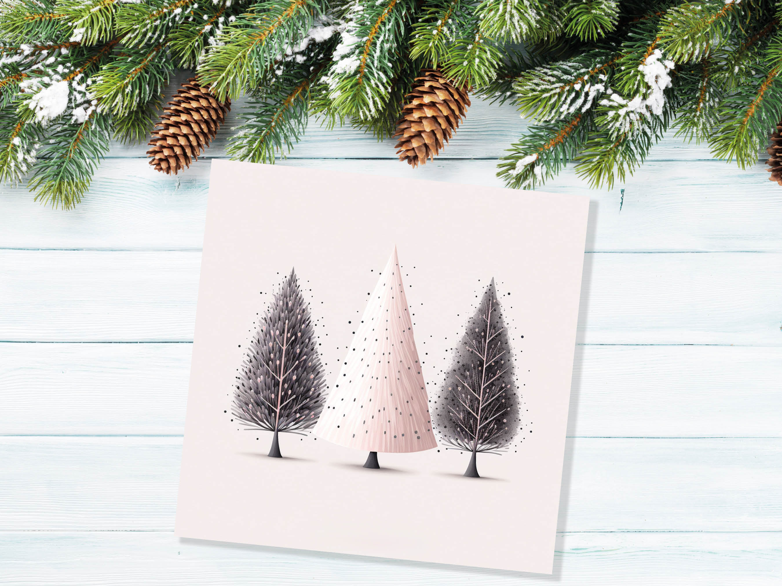 Christmas Trees Illustration Card Modern Elegant Fir Tree Pink Grey White Simple Ink Painting Greetings Cards For Family Friends Xmas 2025 - View 5