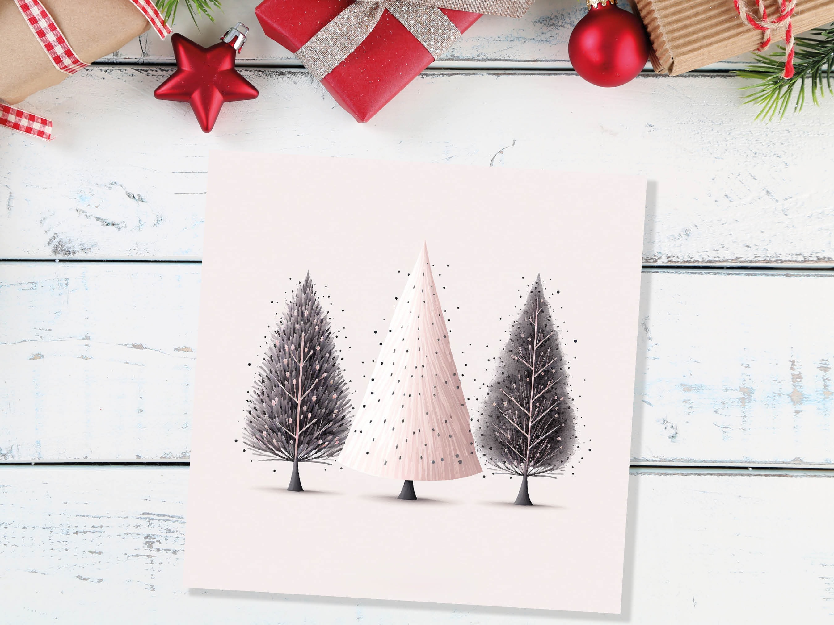 Christmas Trees Illustration Card Modern Elegant Fir Tree Pink Grey White Simple Ink Painting Greetings Cards For Family Friends Xmas 2025 - View 9