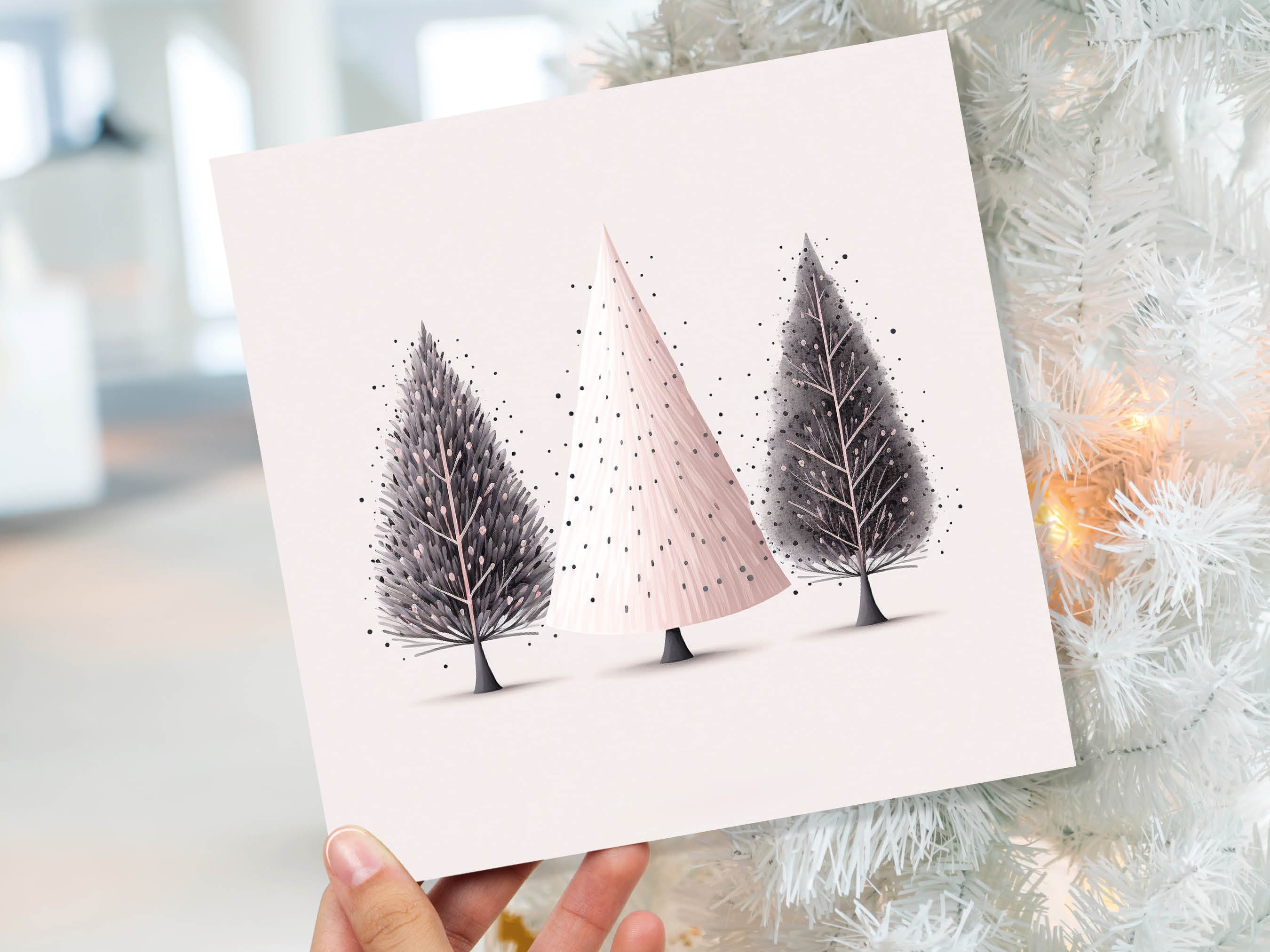 Christmas Trees Illustration Card Modern Elegant Fir Tree Pink Grey White Simple Ink Painting Greetings Cards For Family Friends Xmas 2025