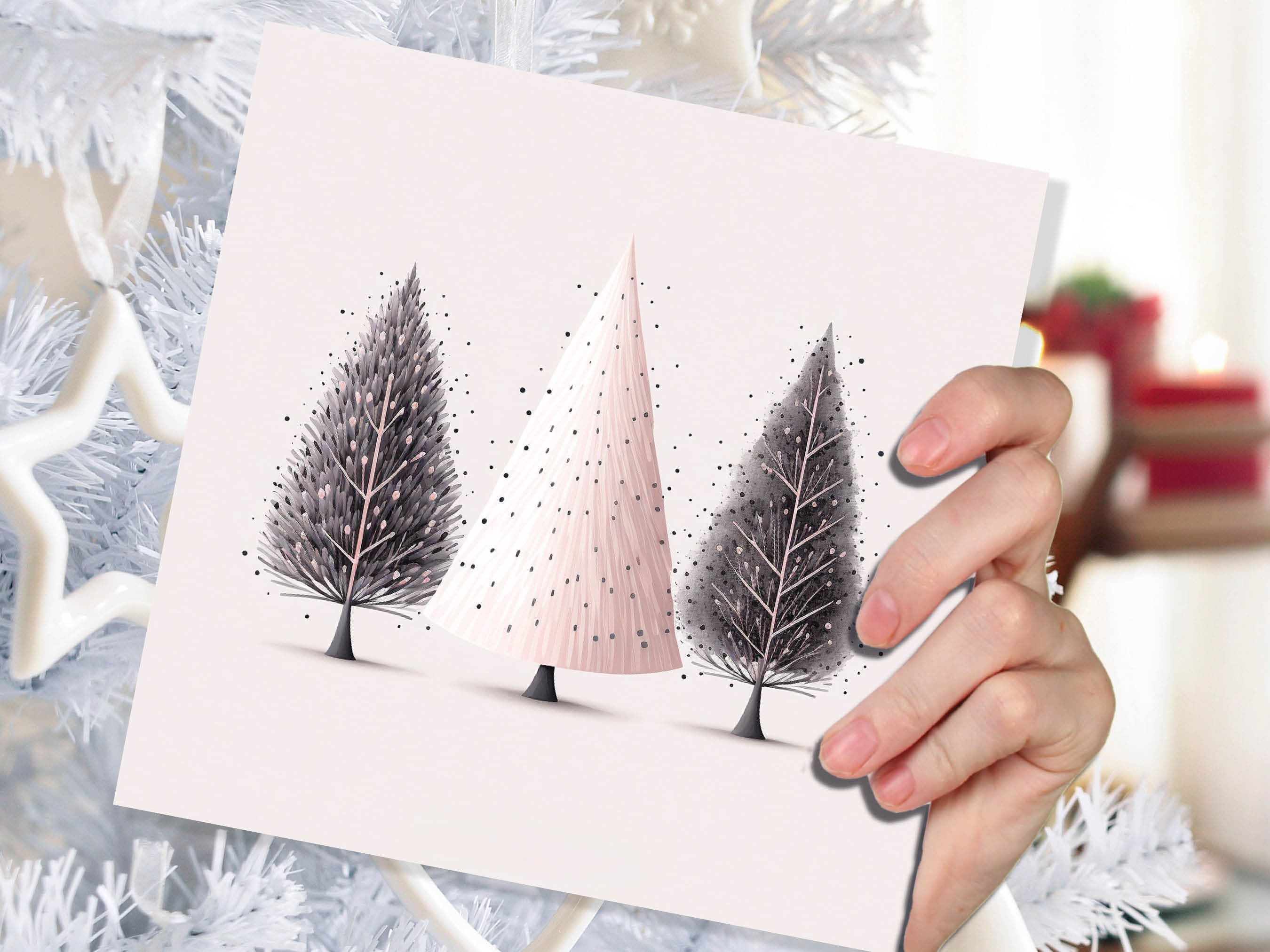 Christmas Trees Illustration Card Modern Elegant Fir Tree Pink Grey White Simple Ink Painting Greetings Cards For Family Friends Xmas 2025 - View 7