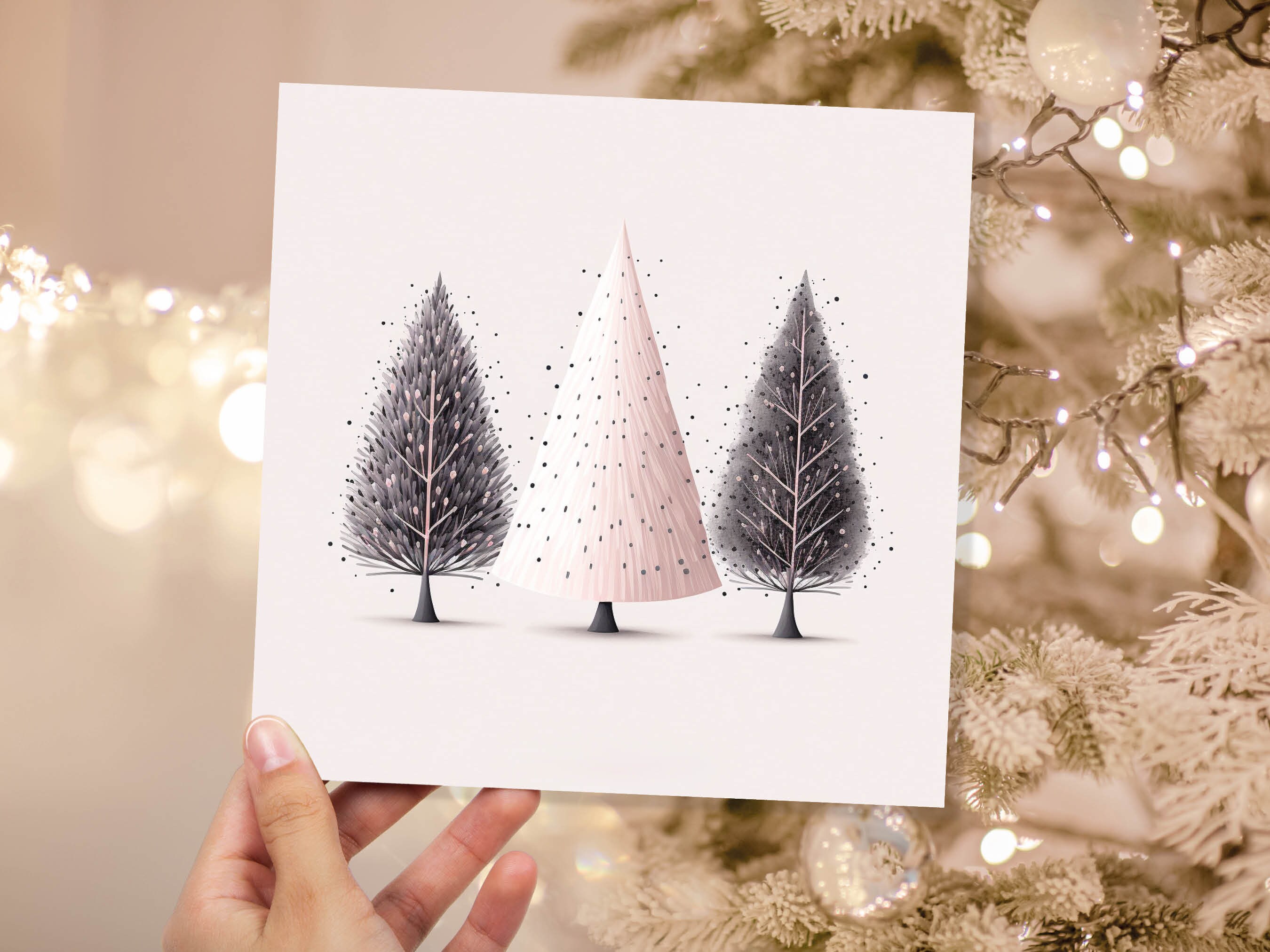 Christmas Trees Illustration Card Modern Elegant Fir Tree Pink Grey White Simple Ink Painting Greetings Cards For Family Friends Xmas 2025 - View 4