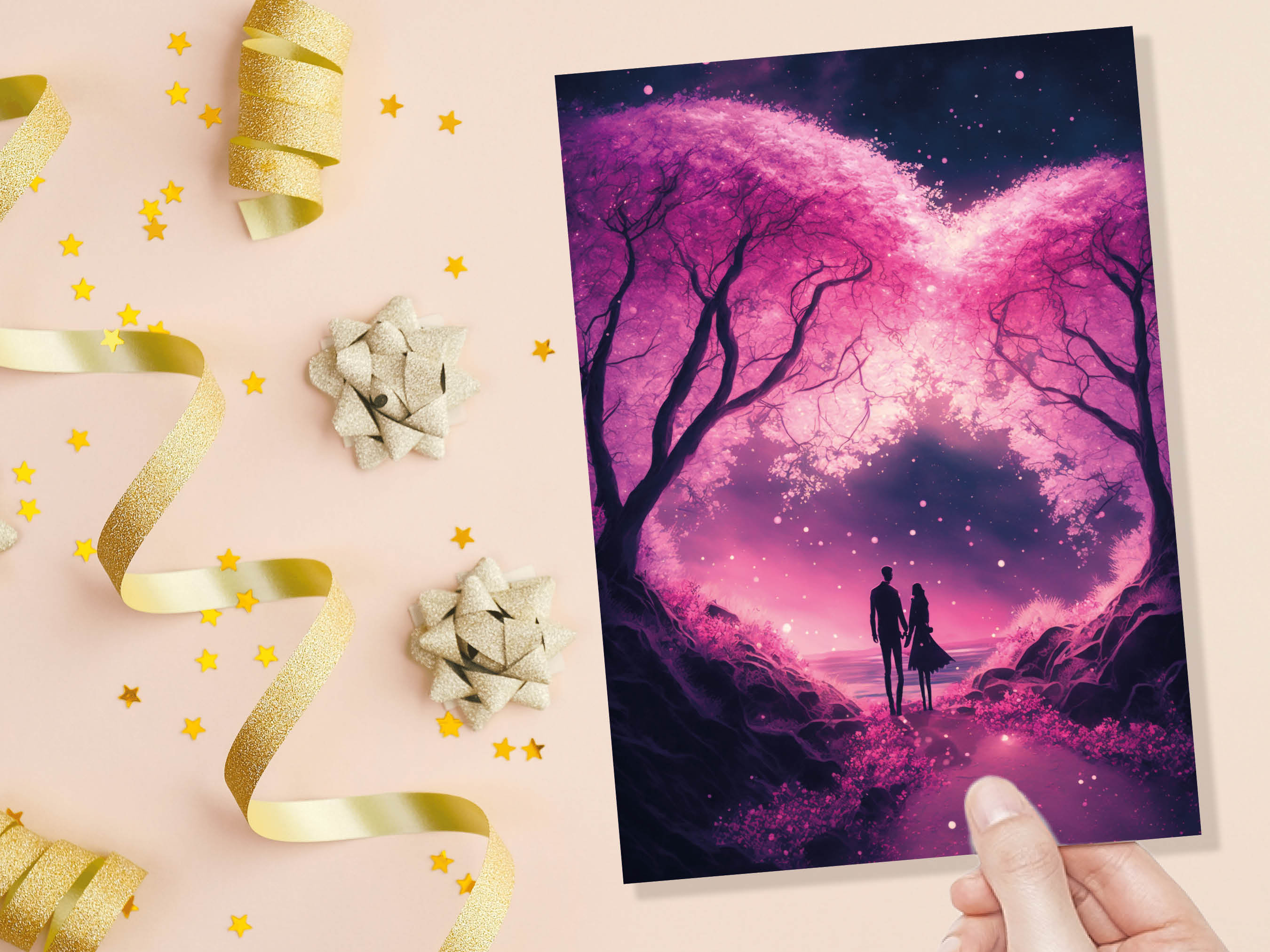 Romantic Walk Valentines Card Enchanted Forest Pink Cherry Blossoms Evening Woodland Couple in Love Greeting Cards for Anniversary Wedding - View 9