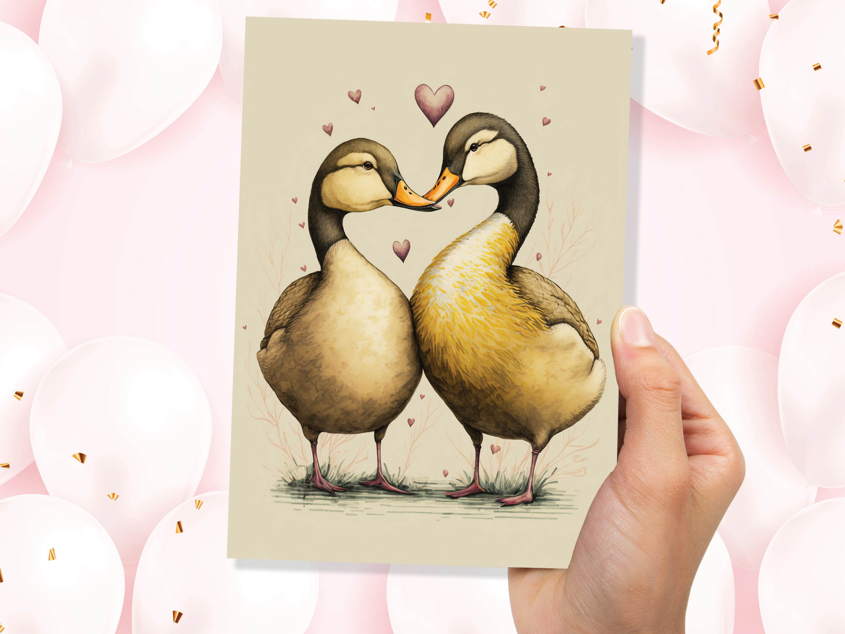 Cute Ducks in Love Greeting Card for Anniversaries Wedding Valentines Day Romantic Vintage Yellow Illustration Couples Spouse Galentines BFF - View 6