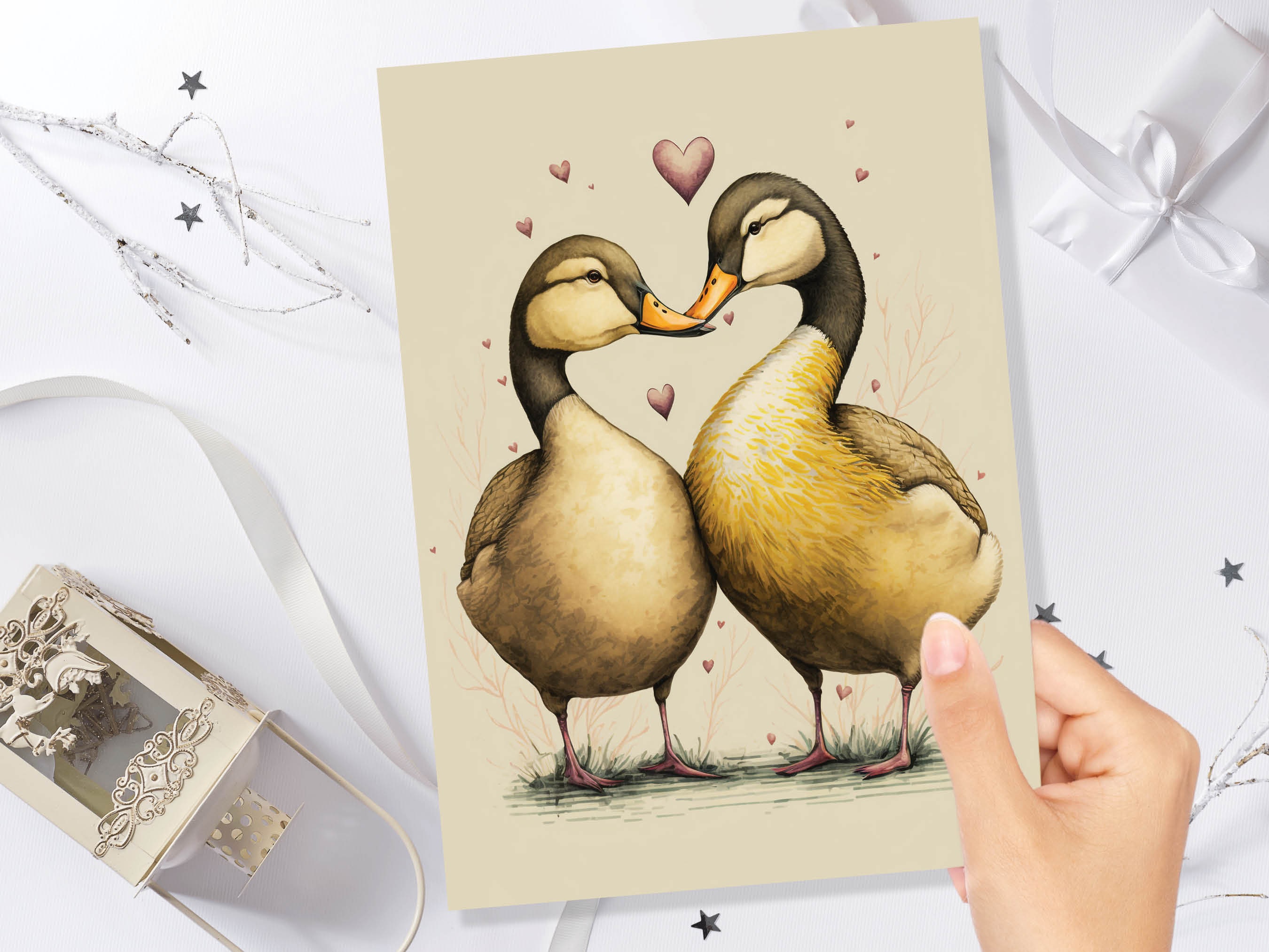 Cute Ducks in Love Greeting Card for Anniversaries Wedding Valentines Day Romantic Vintage Yellow Illustration Couples Spouse Galentines BFF - View 8