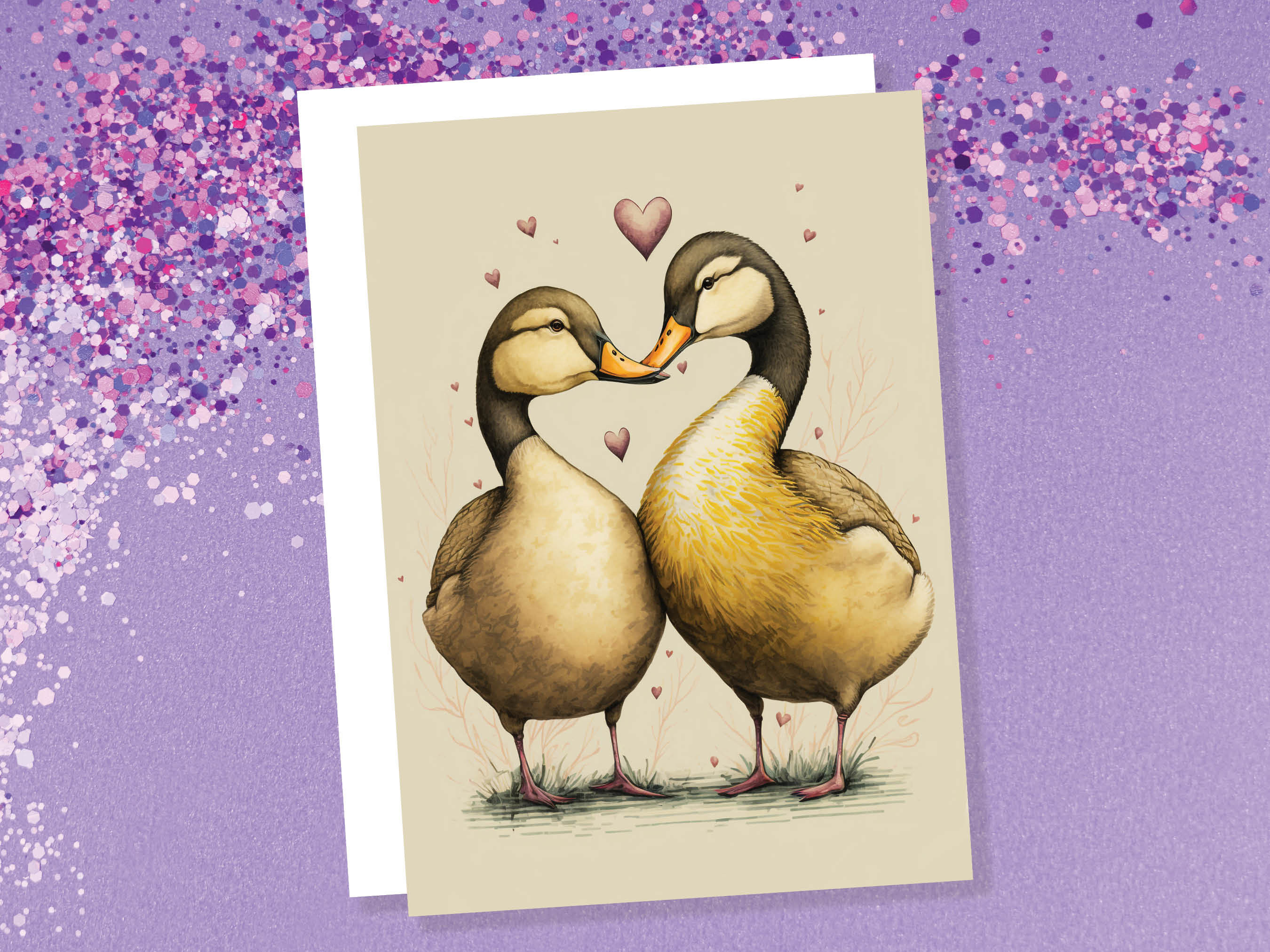 Cute Ducks in Love Greeting Card for Anniversaries Wedding Valentines Day Romantic Vintage Yellow Illustration Couples Spouse Galentines BFF - View 5