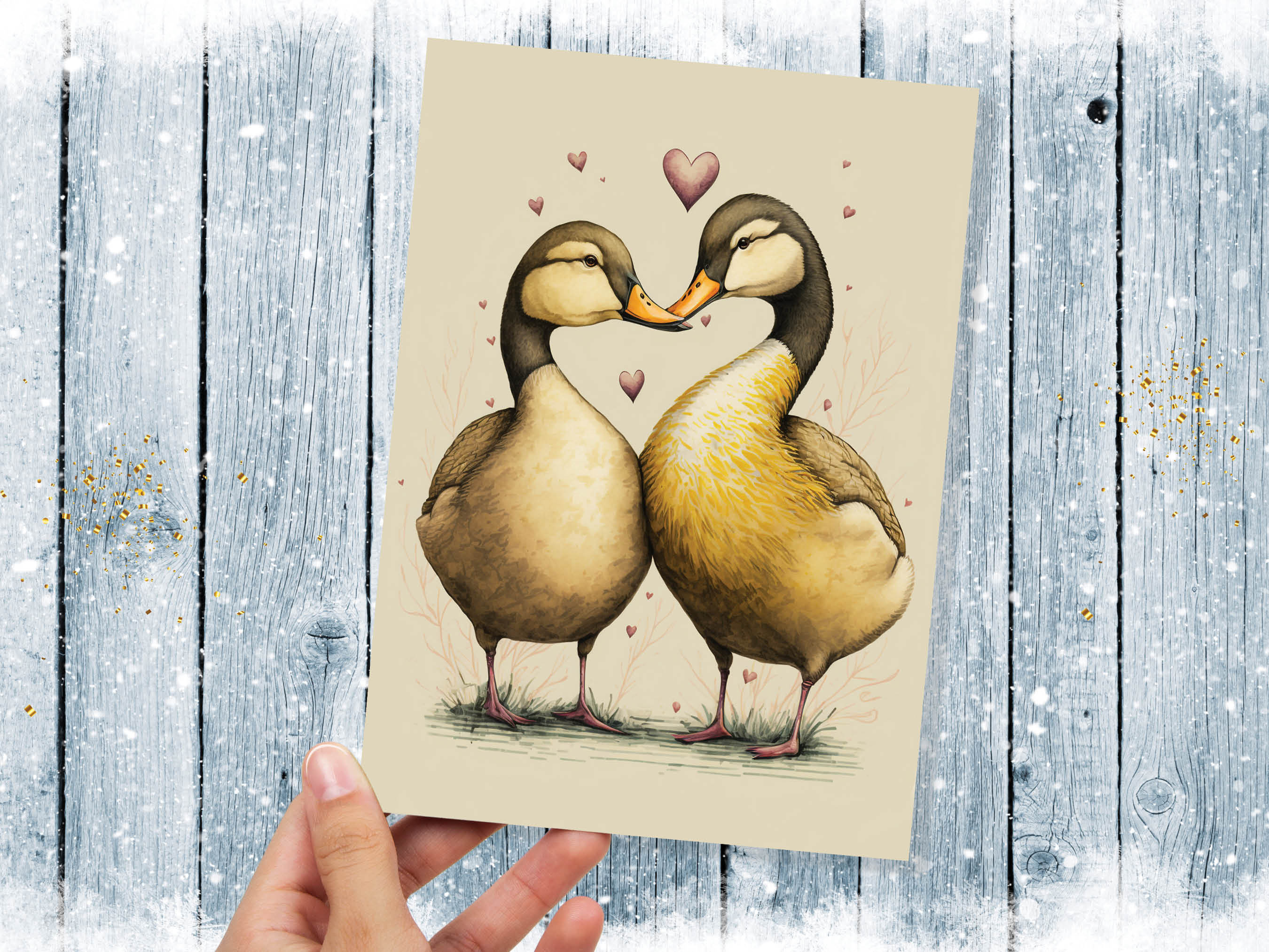 Cute Ducks in Love Greeting Card for Anniversaries Wedding Valentines Day Romantic Vintage Yellow Illustration Couples Spouse Galentines BFF - View 10