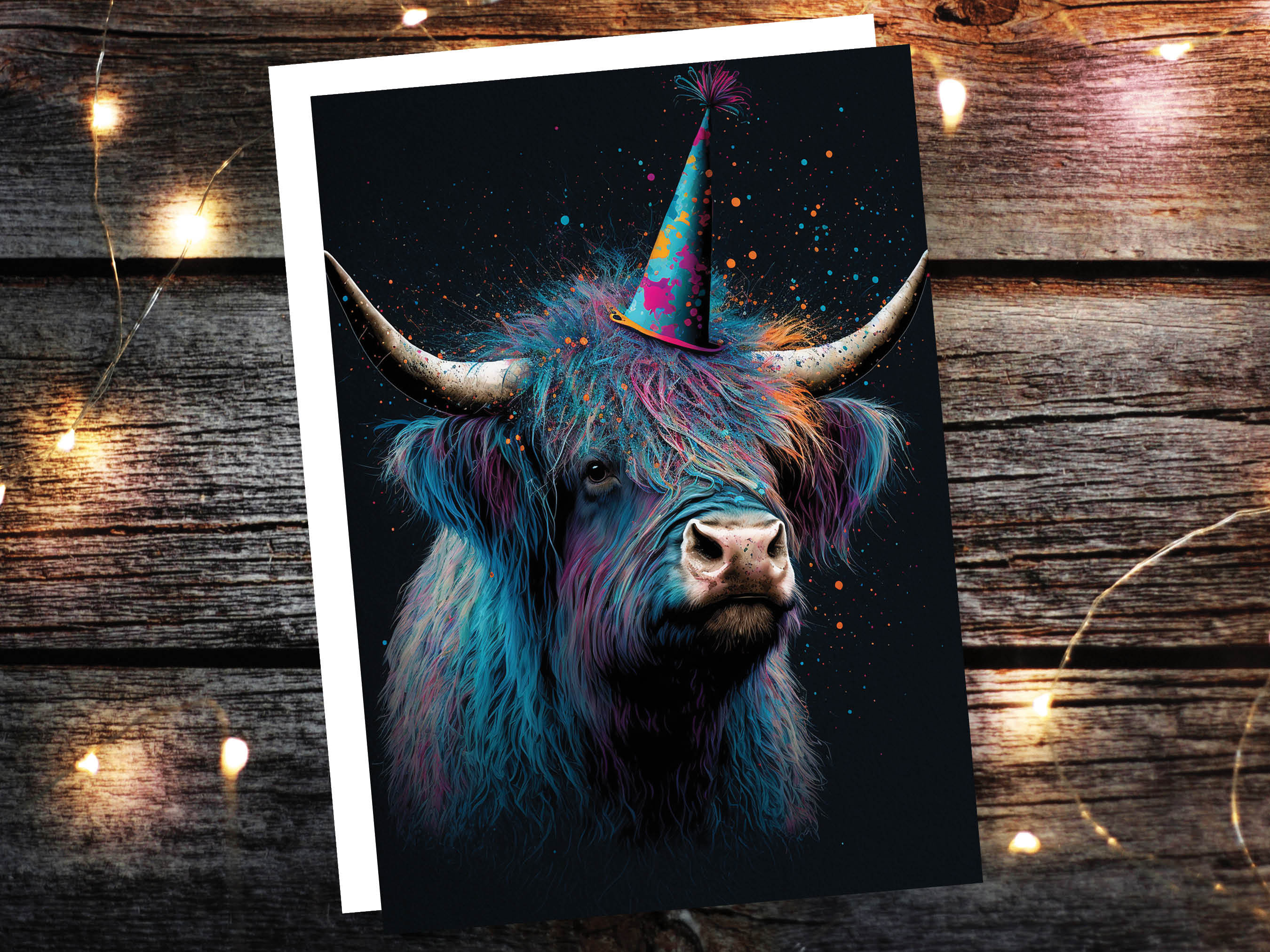 Colourful Vibrant Highland Cow With Beautiful Party Cap Greeting Card Enchanted Scottish for Wife Girlfriend Darling Anniversary Monthsary - View 7