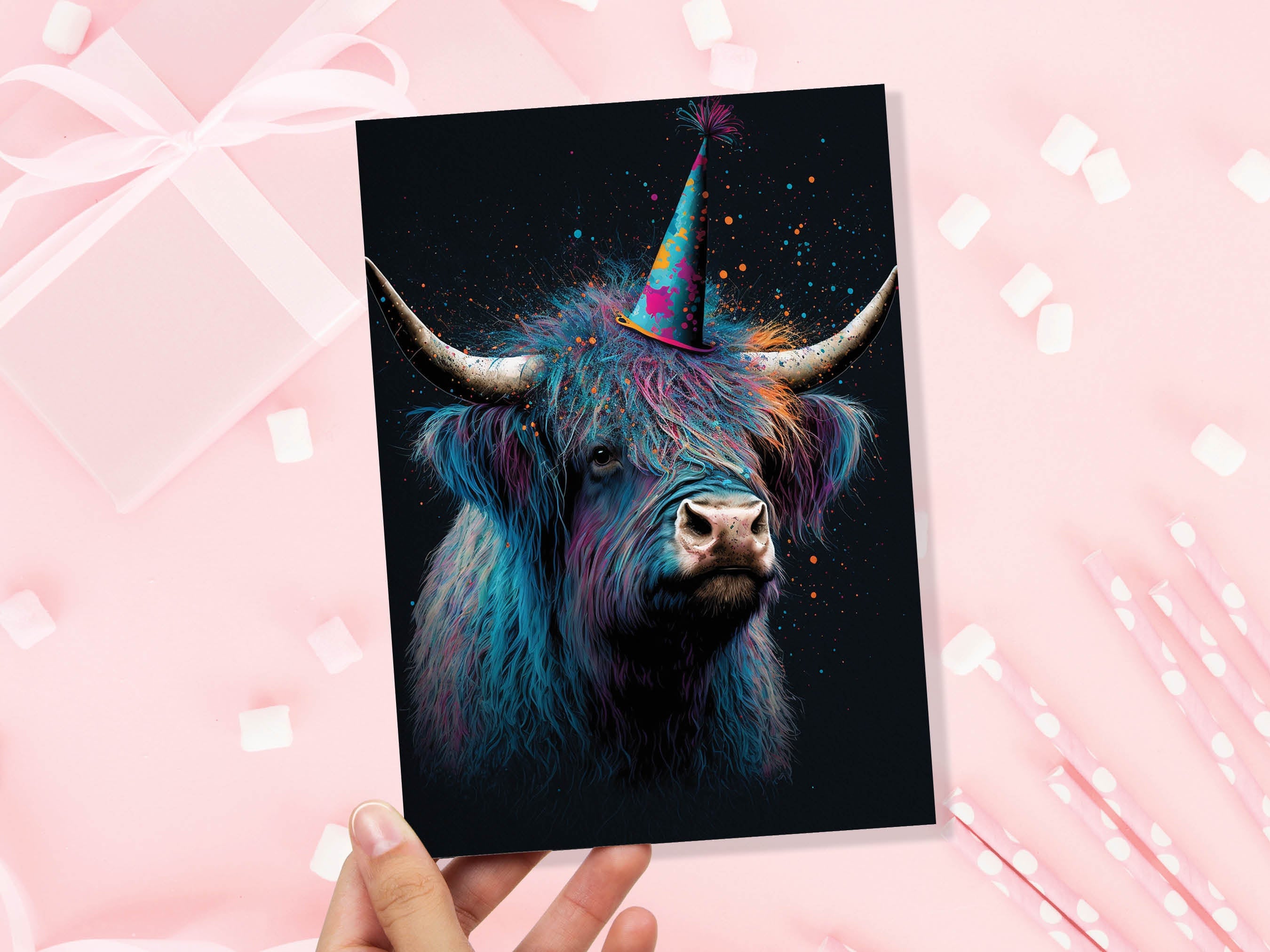 Colourful Vibrant Highland Cow With Beautiful Party Cap Greeting Card Enchanted Scottish for Wife Girlfriend Darling Anniversary Monthsary - View 4