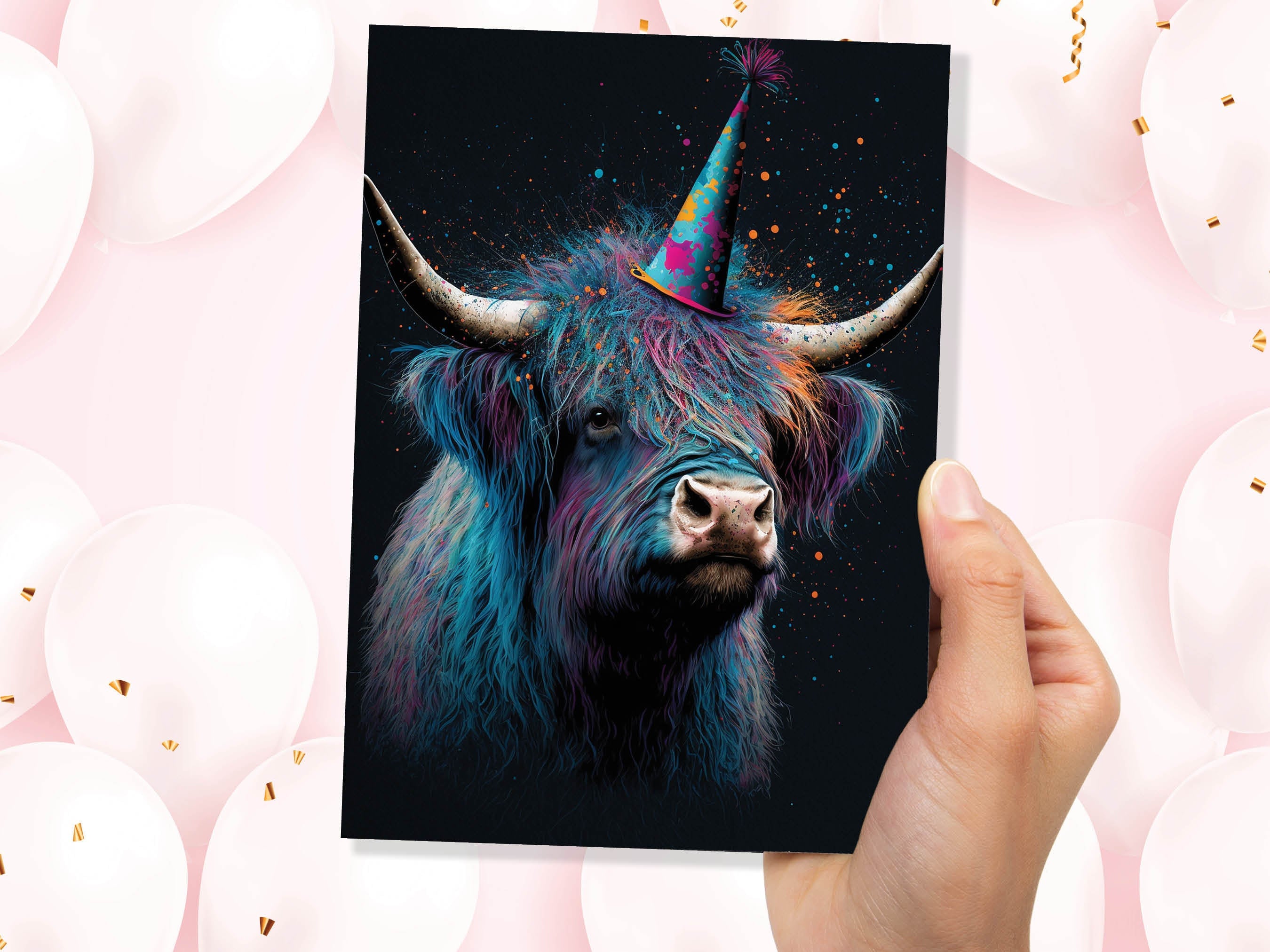 Colourful Vibrant Highland Cow With Beautiful Party Cap Greeting Card Enchanted Scottish for Wife Girlfriend Darling Anniversary Monthsary - View 5