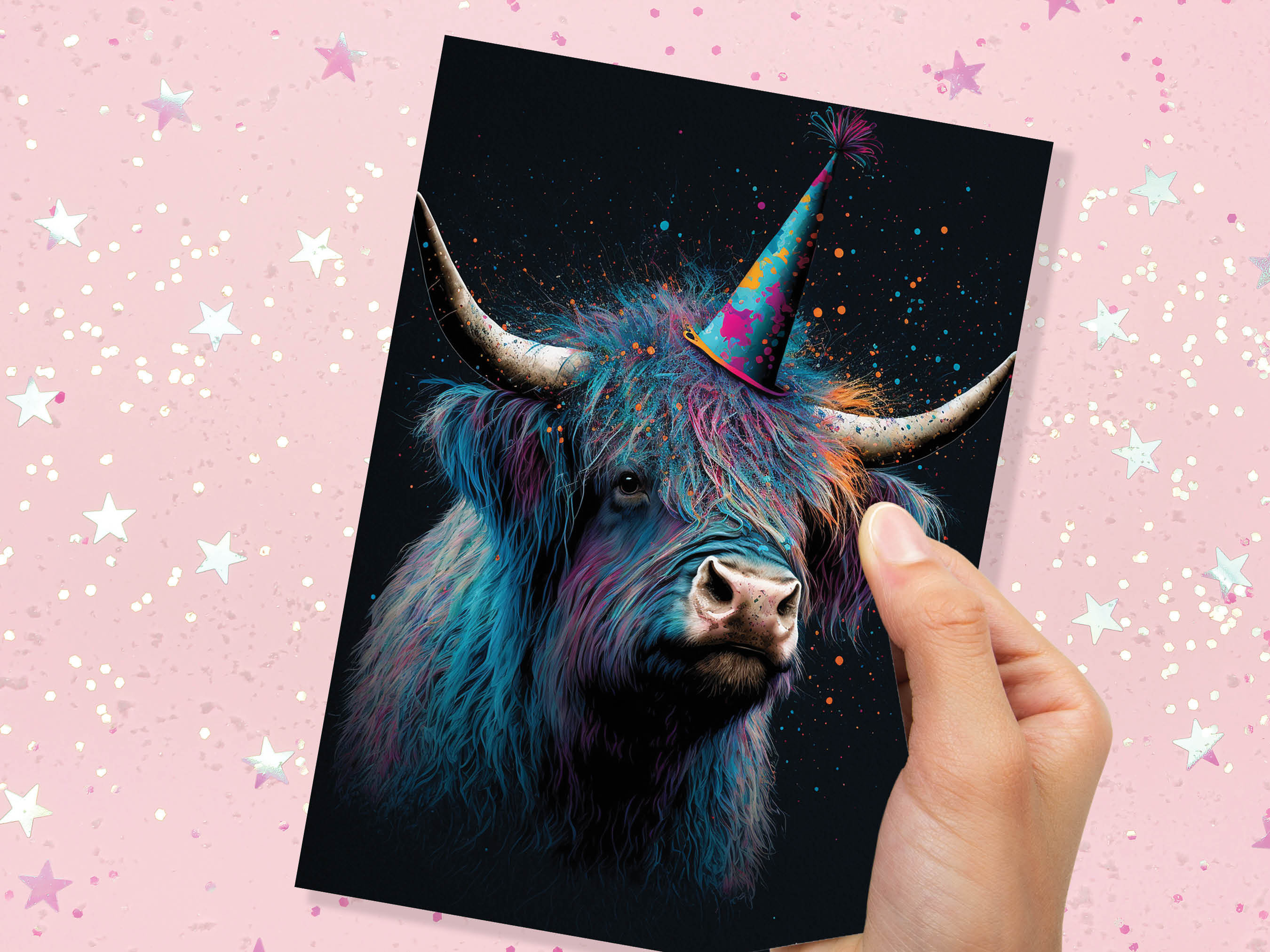 Colourful Vibrant Highland Cow With Beautiful Party Cap Greeting Card Enchanted Scottish for Wife Girlfriend Darling Anniversary Monthsary - View 8