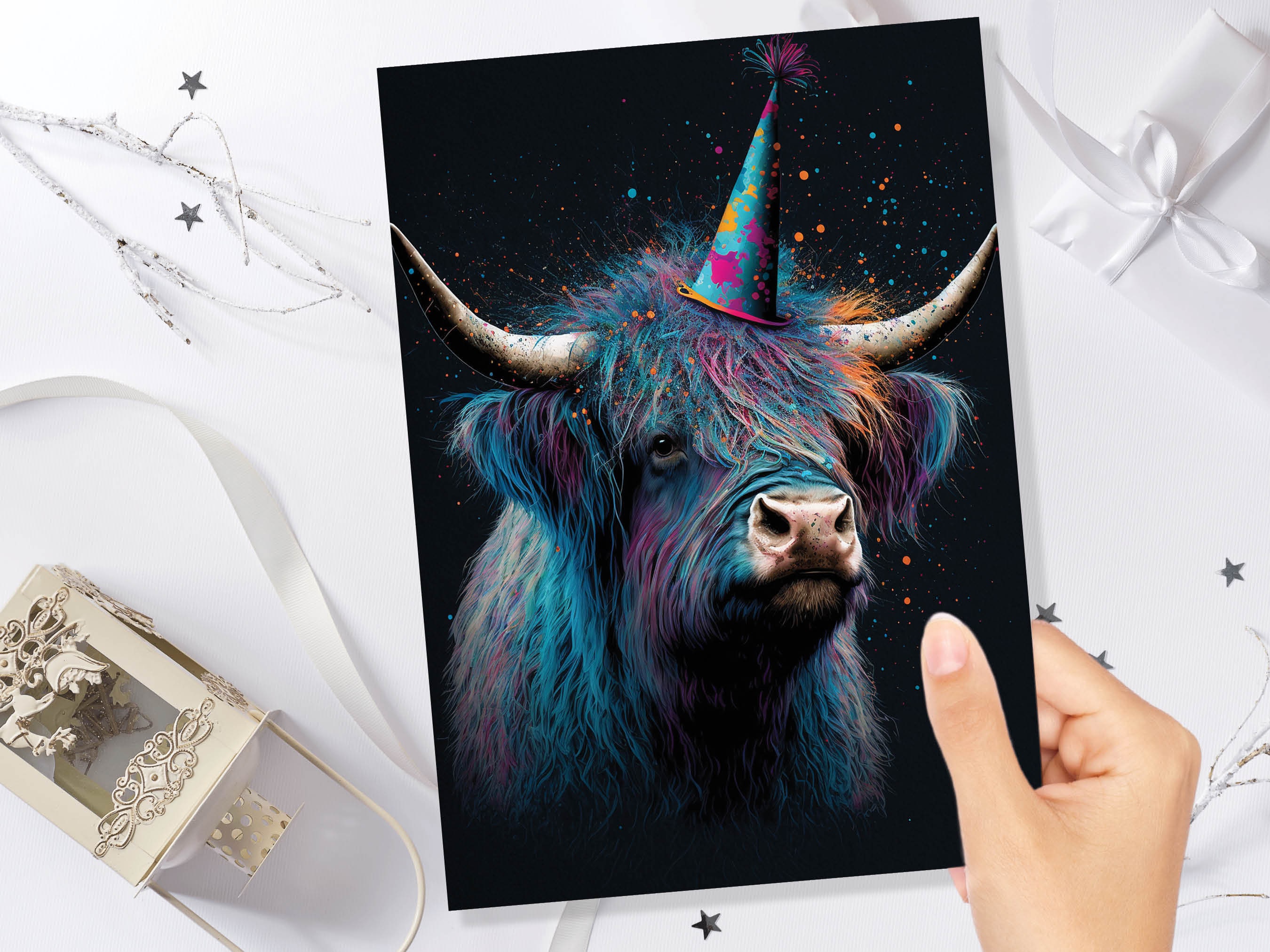 Colourful Vibrant Highland Cow With Beautiful Party Cap Greeting Card Enchanted Scottish for Wife Girlfriend Darling Anniversary Monthsary - View 9