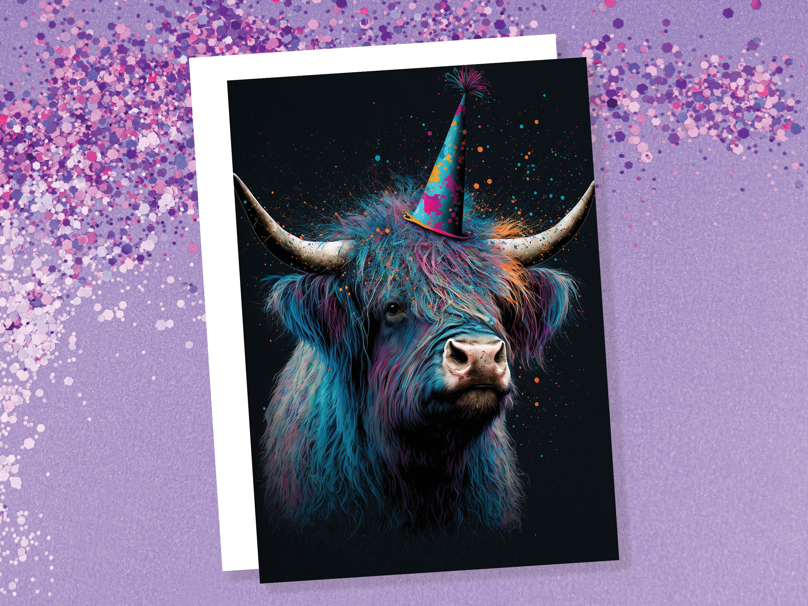 Colourful Vibrant Highland Cow With Beautiful Party Cap Greeting Card Enchanted Scottish for Wife Girlfriend Darling Anniversary Monthsary - View 3