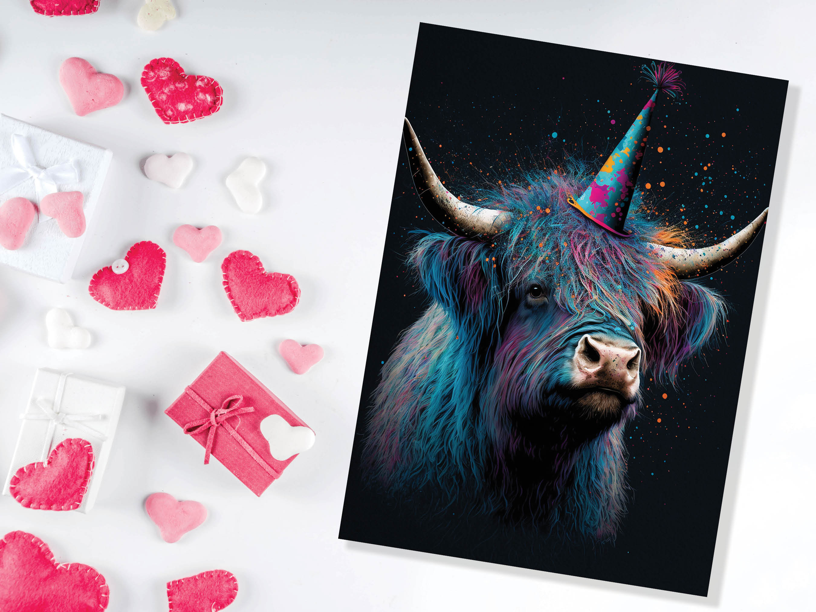 Colourful Vibrant Highland Cow With Beautiful Party Cap Greeting Card Enchanted Scottish for Wife Girlfriend Darling Anniversary Monthsary - View 6