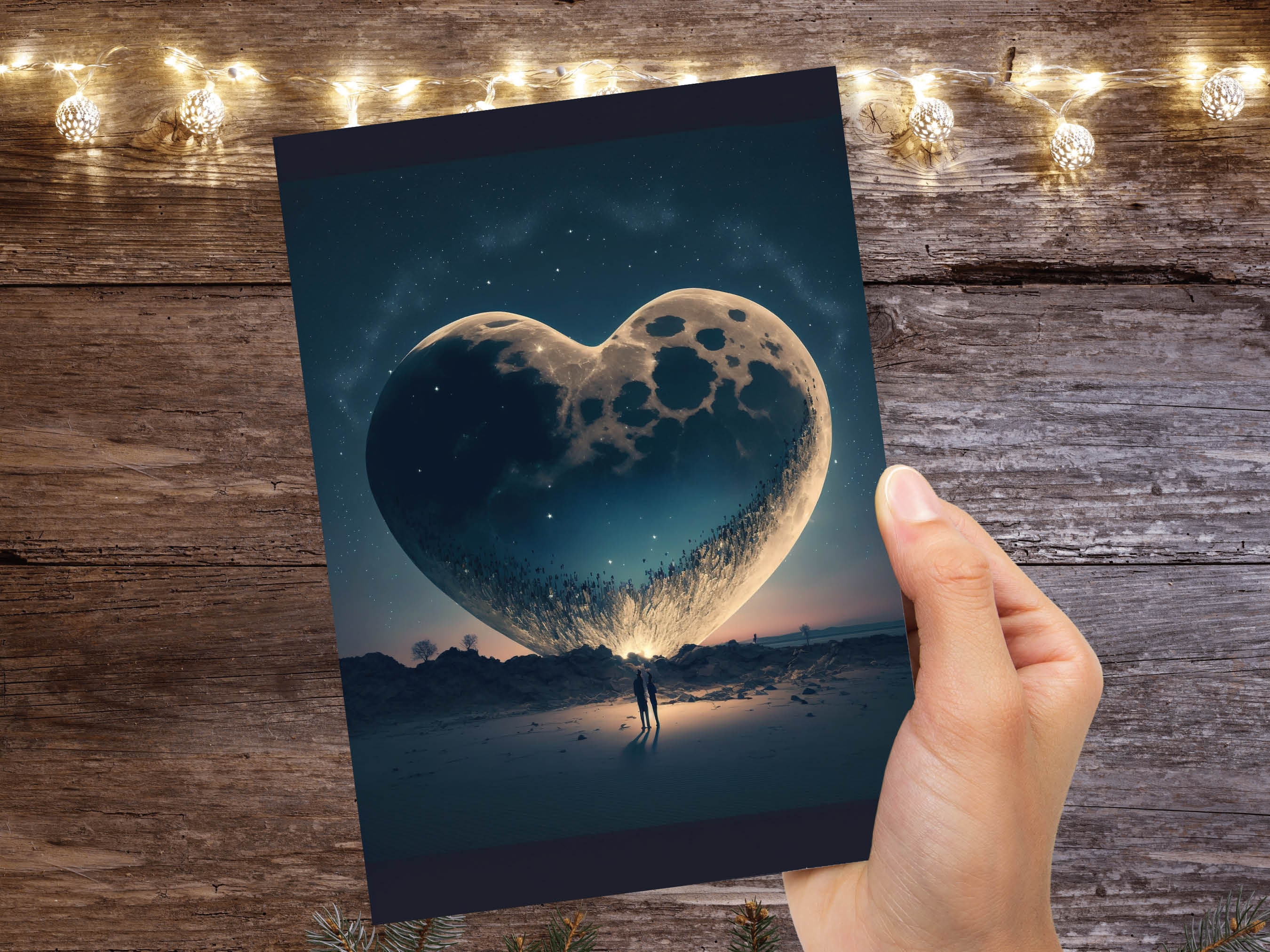Lovers Under A Heart-Shaped Moon In A Starry Night Greeting Card Romantic for Couples Her Wife Girlfriend Babe Darling Anniversary Monthsary - View 8