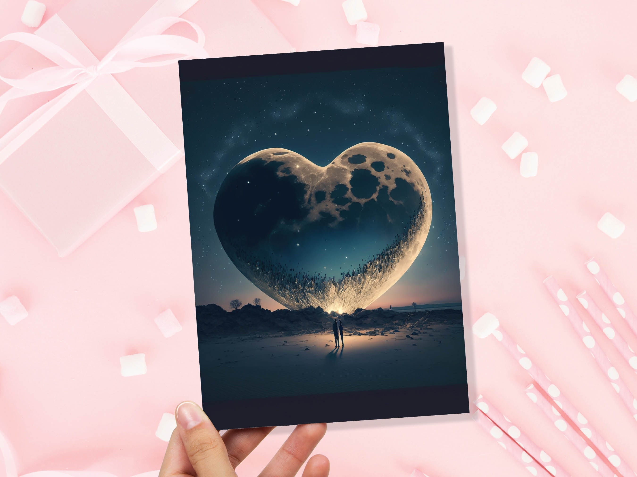 Lovers Under A Heart-Shaped Moon In A Starry Night Greeting Card Romantic for Couples Her Wife Girlfriend Babe Darling Anniversary Monthsary - View 5