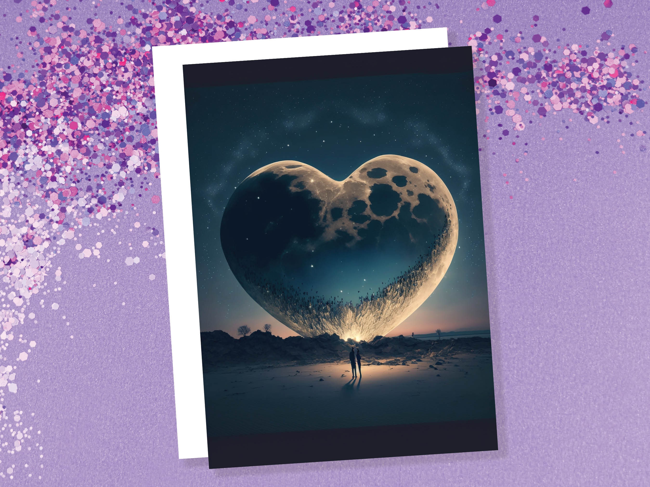 Lovers Under A Heart-Shaped Moon In A Starry Night Greeting Card Romantic for Couples Her Wife Girlfriend Babe Darling Anniversary Monthsary - View 4