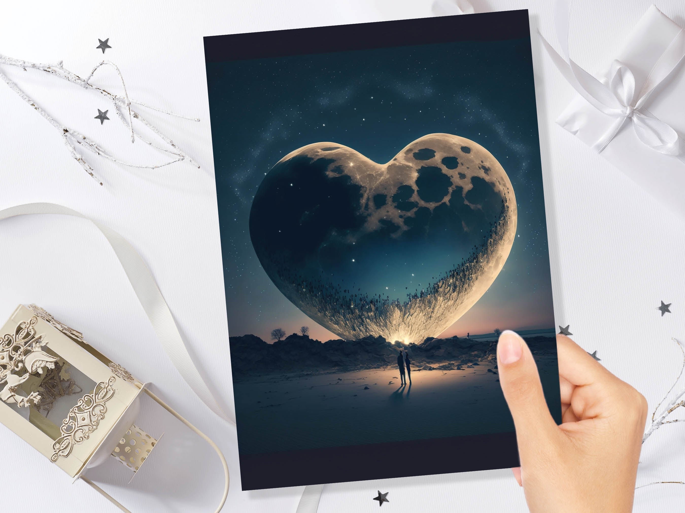 Lovers Under A Heart-Shaped Moon In A Starry Night Greeting Card Romantic for Couples Her Wife Girlfriend Babe Darling Anniversary Monthsary - View 9