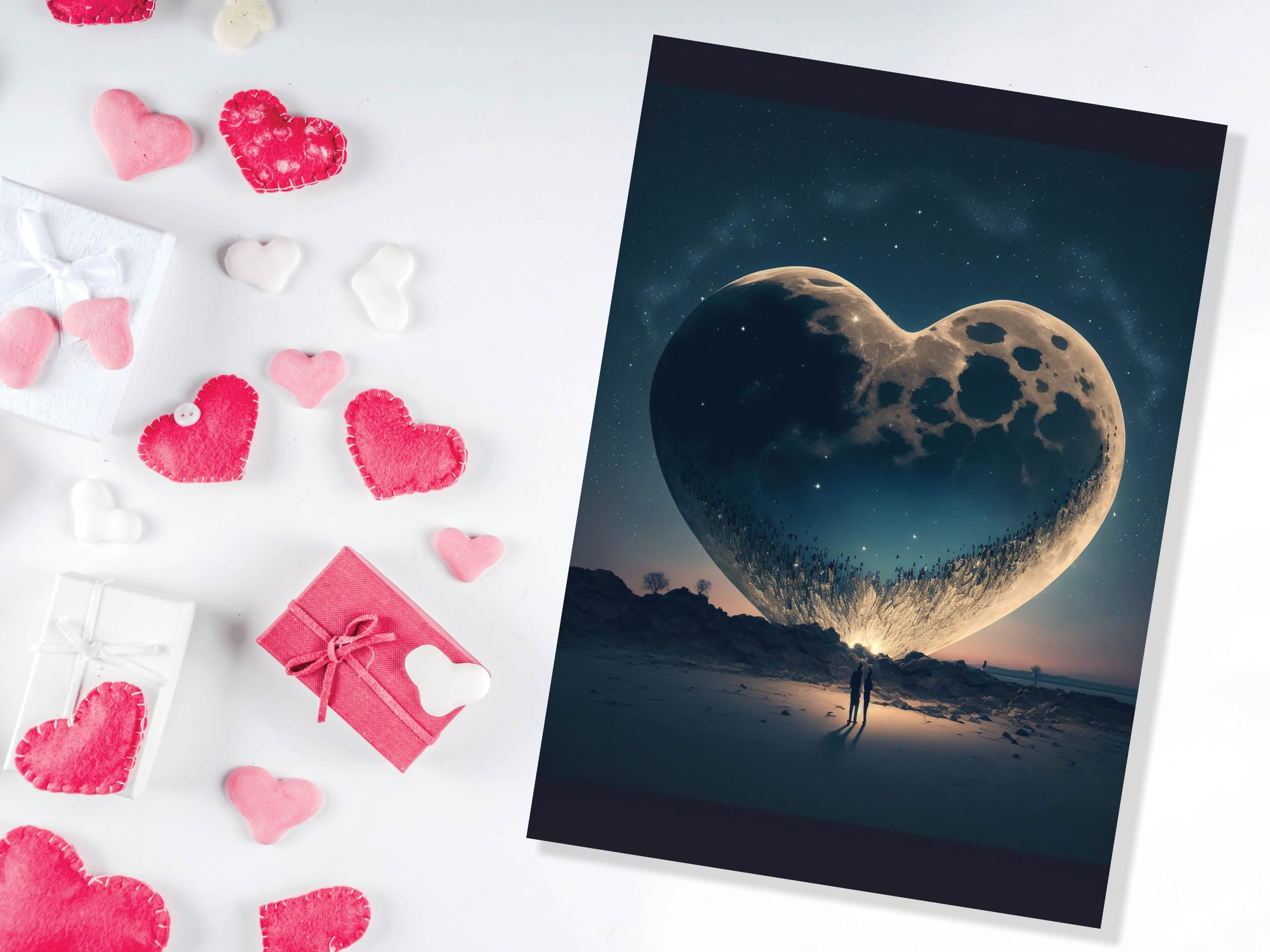 Lovers Under A Heart-Shaped Moon In A Starry Night Greeting Card Romantic for Couples Her Wife Girlfriend Babe Darling Anniversary Monthsary - View 6
