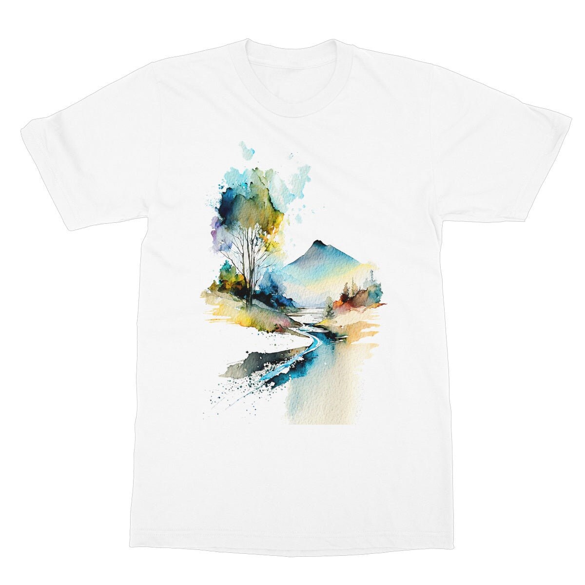 Watercolour Graphic Tee Abstract Volcano Shirt Mystical Landscape River Scene Wilderness Mountain Painting T-Shirt Gift for her Women Tshirt - View 2