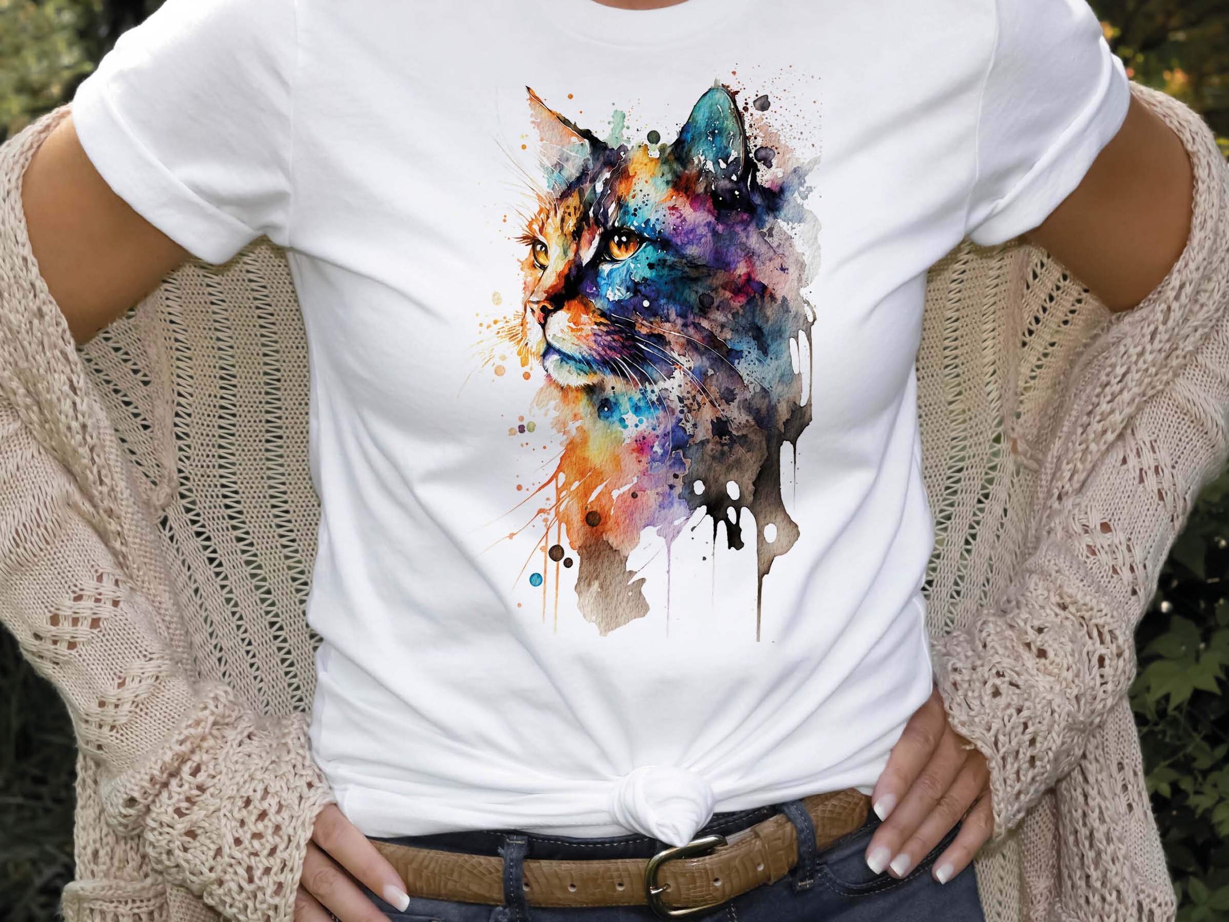 Watercolour Abstract Cat T-Shirt Whimsical Loose Painting Crazy Cat Lady Cats Lovers Gift Rainbow Colourful Art Artists Tee Softstyle Shirt - View 5