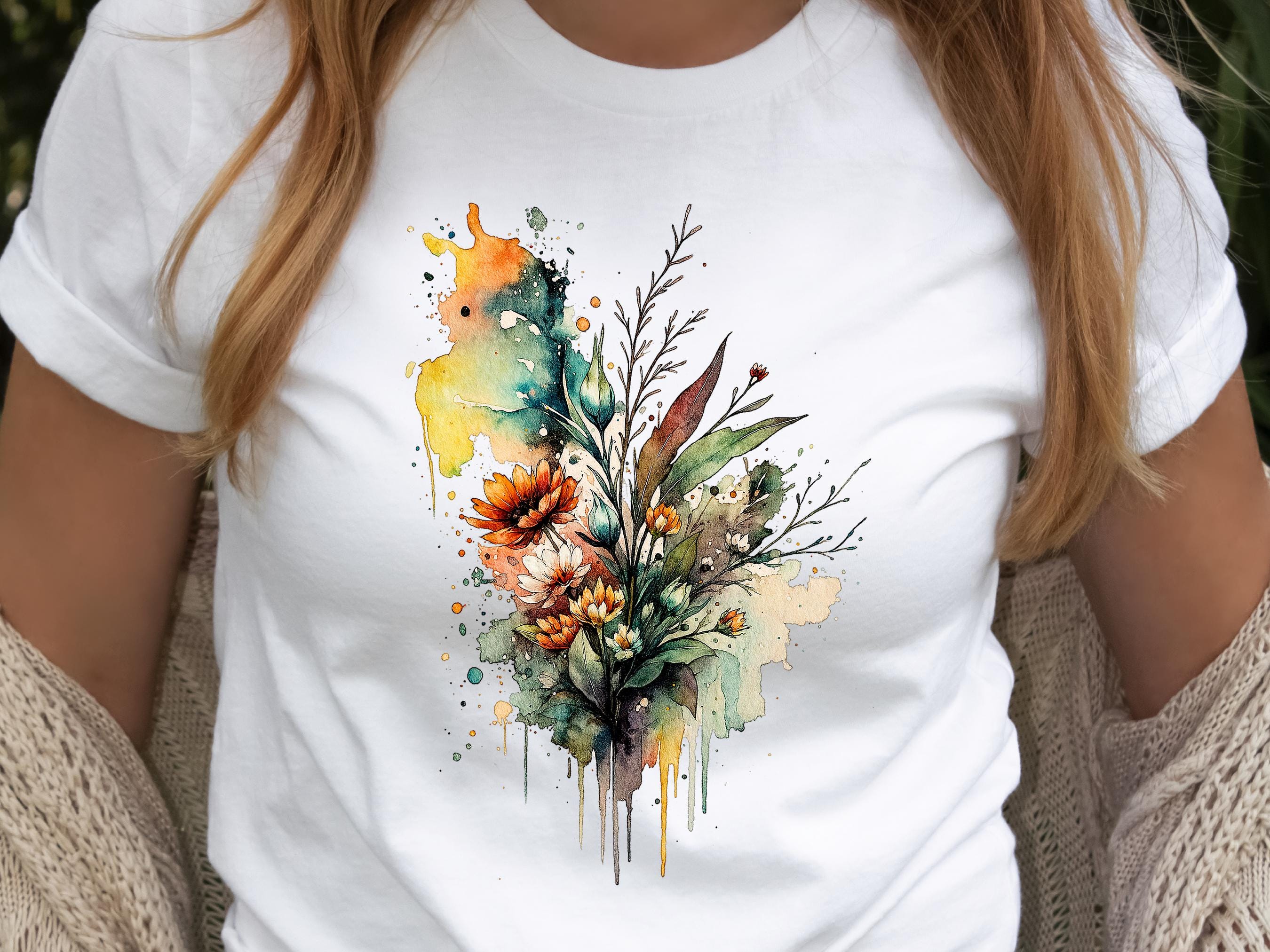 Watercolour Wildflowers T-Shirt Beautiful Loose Abstract Painting Messy Floral Design Flowers Leaves Leaf Feminine Tee Shirt for Her Women - View 5