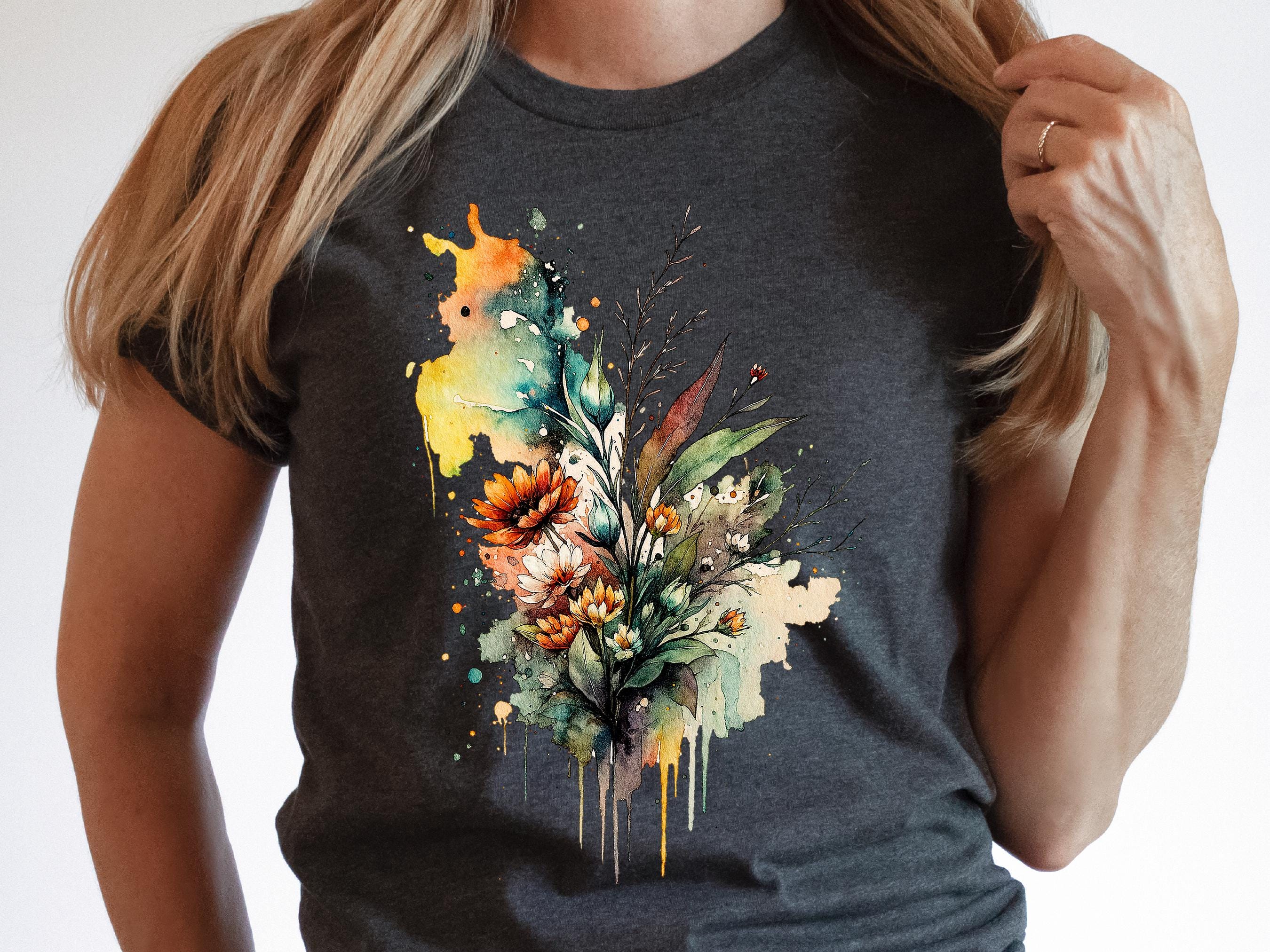 Watercolour Wildflowers T-Shirt Beautiful Loose Abstract Painting Messy Floral Design Flowers Leaves Leaf Feminine Tee Shirt for Her Women - View 4