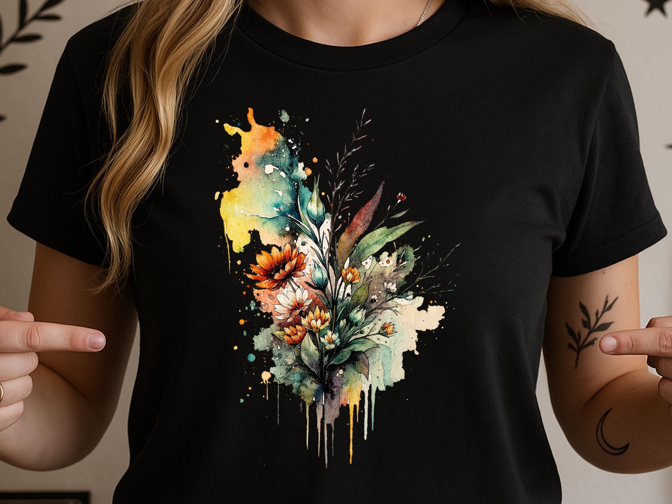Watercolour Wildflowers T-Shirt Beautiful Loose Abstract Painting Messy Floral Design Flowers Leaves Leaf Feminine Tee Shirt for Her Women - View 7